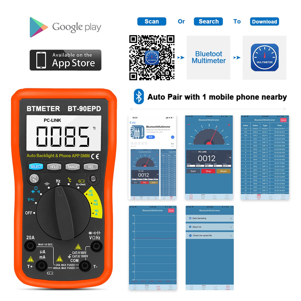 Bluetooth APP Digital Multimeter Auto Ranging 4000 Counts AC/DC Voltage Current