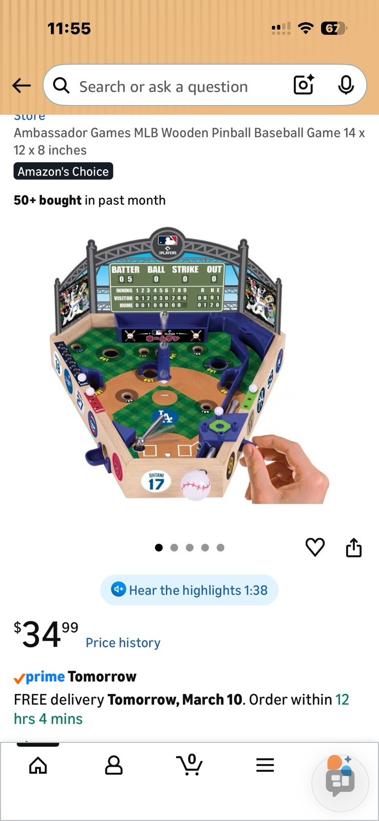 Ambassador Games MLB Wooden Pinball Baseball Game 14 x 12 x 8 inches