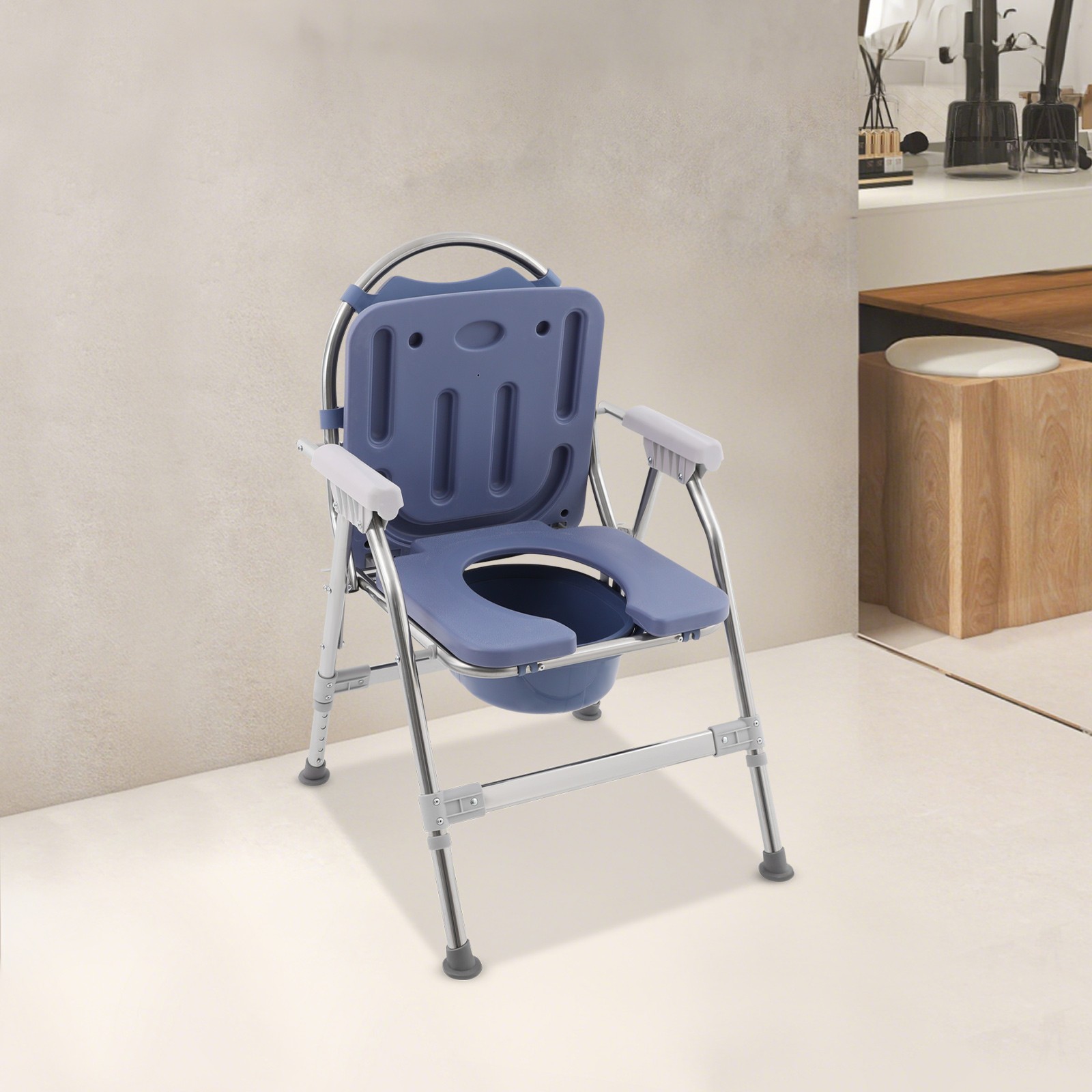 Toilet Chair With Padded Seat Plate And Toilet Bucket, Foldable Toilet ChairBlue