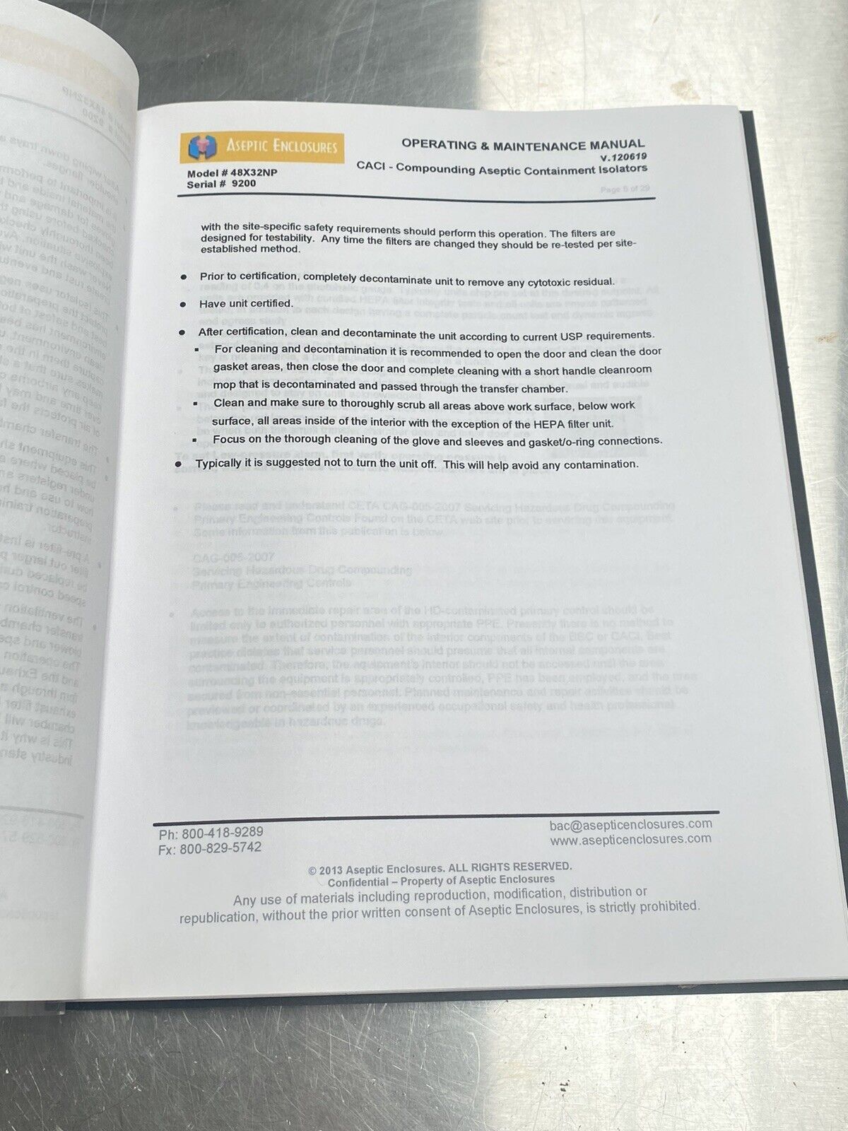 Aseptic Enclosures - Users Manual / Instructions Book