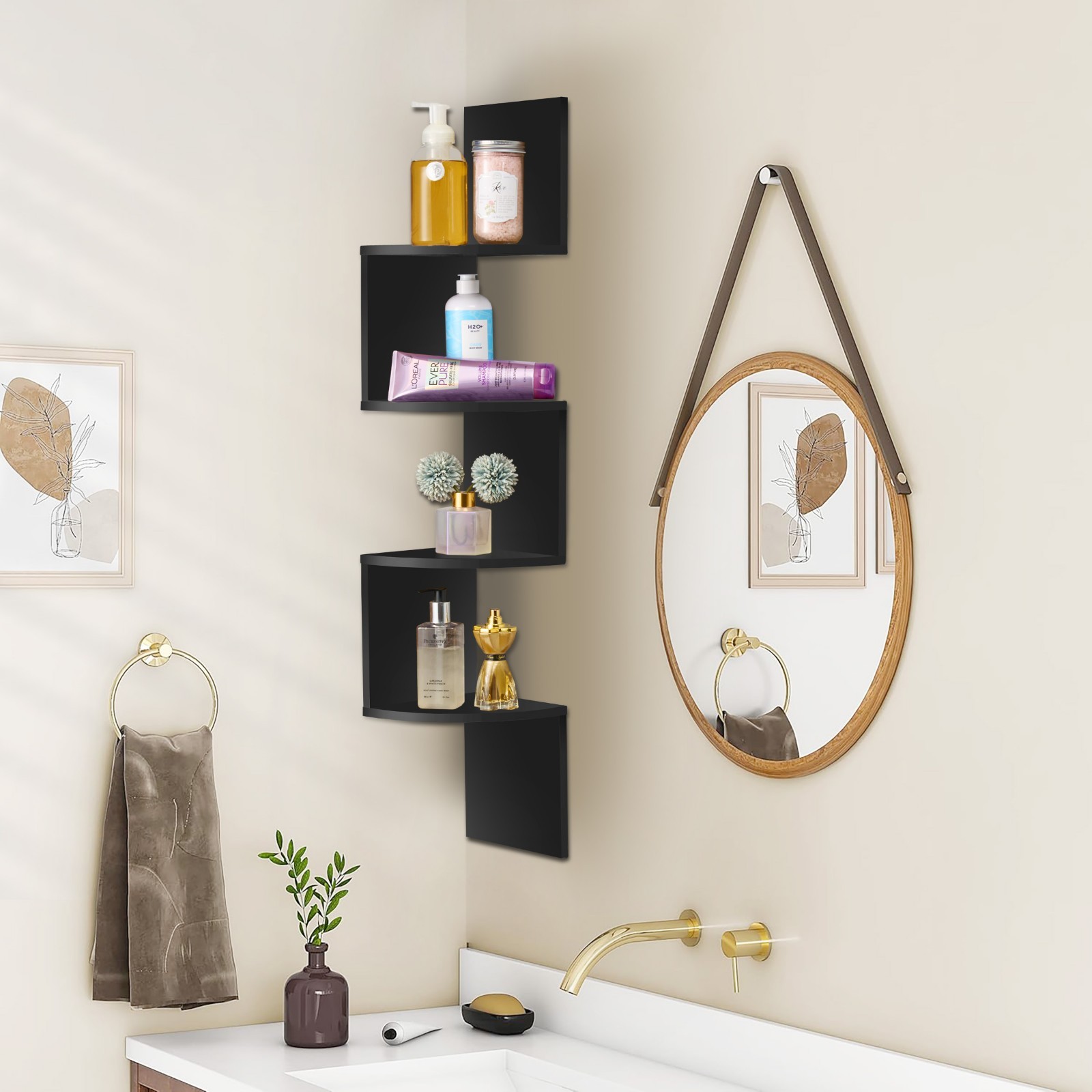 5-Tier Zig Zag Geometric Corner Wall Book Shelf Unit, Floating Wall Shelf