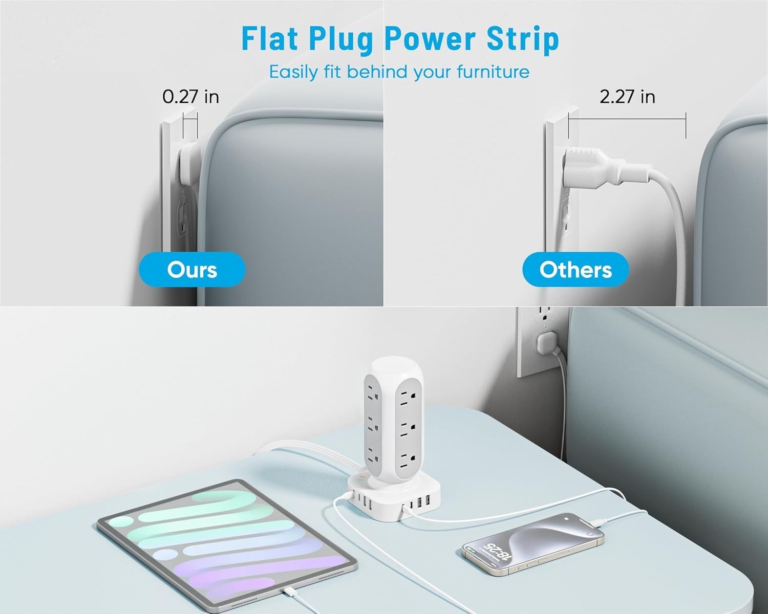 Lightweight Surge Protector with Multiple Outlets and USB Ports for Easy Access