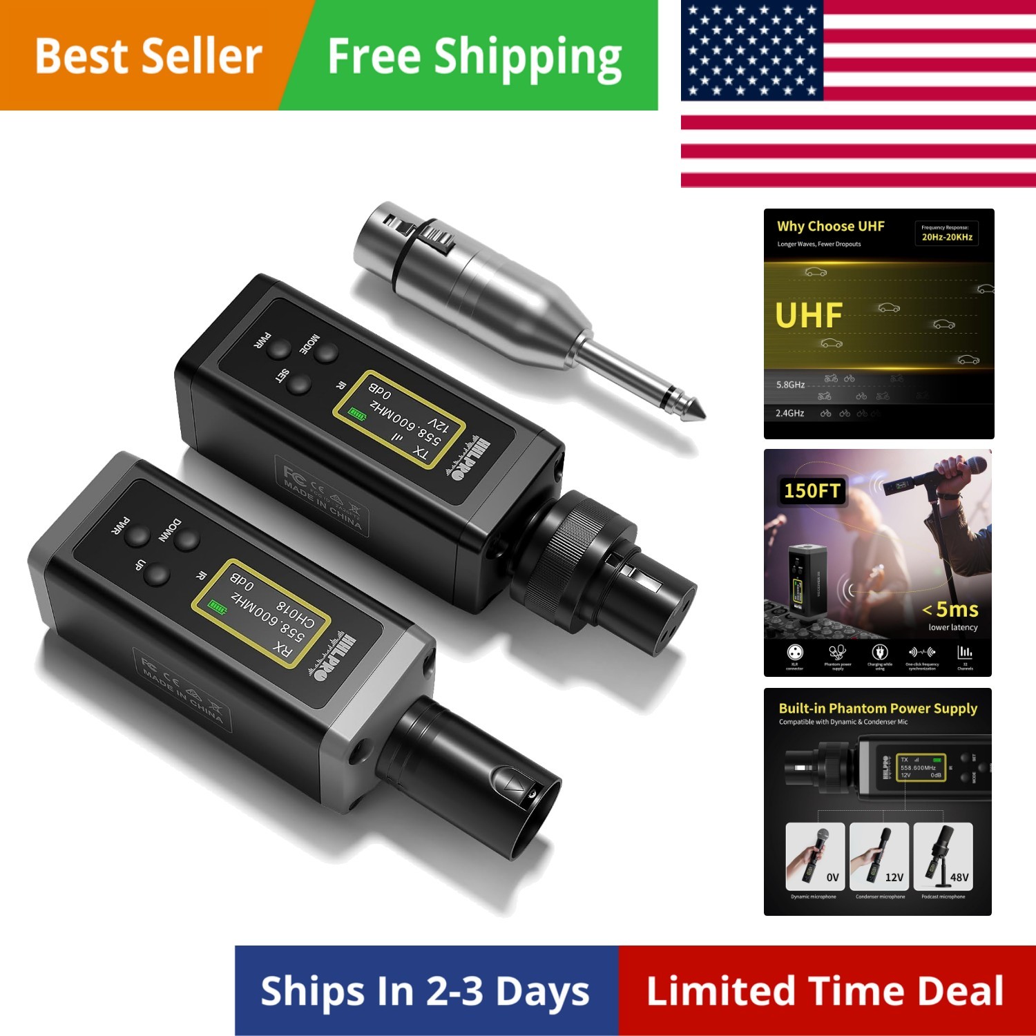 UHF Wireless XLR Transmitter and Receiver, 150 ft Range, Plug-on Wireless Mic...