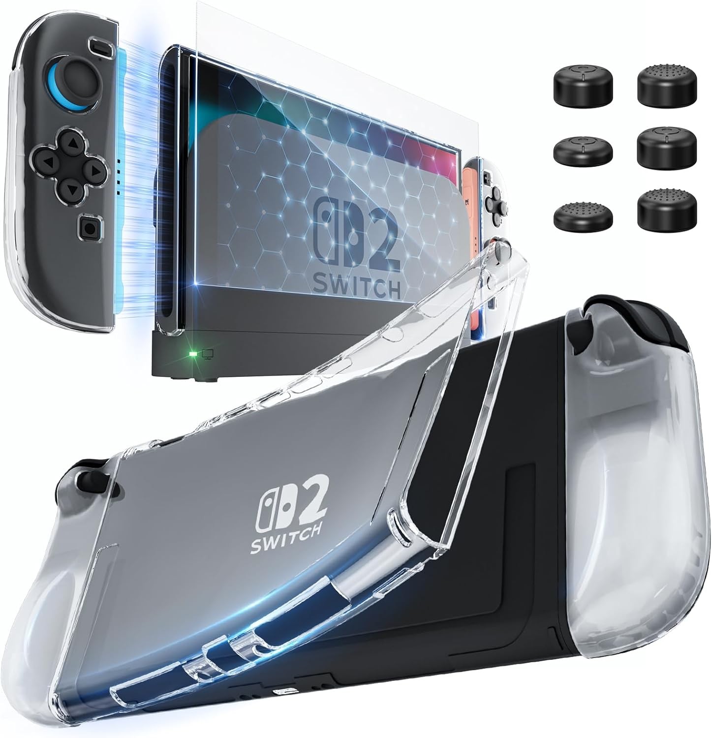 6 Silicone Thumb Caps + Dockable Cover TPU Case + Screen Protector for Switch 2