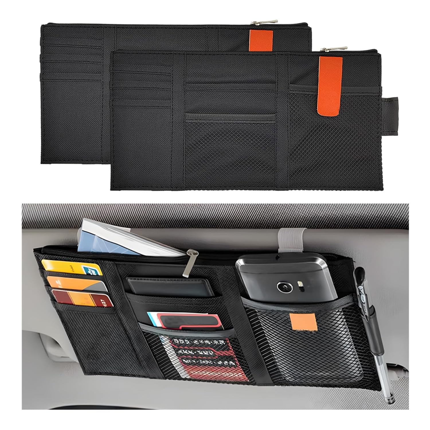 2 PCS Car Sun Visor Organizer, Auto Interior Visor Storage Pouch Holder with Zip