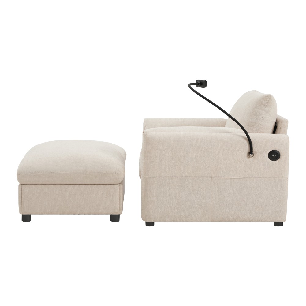 37" Chenille Cloud Chaise Lounge w/ Storage Ottoman & USB Charger
