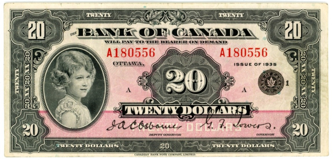 1935 Bank of Canada $20 Banknote - BC-9b - Princess Elizabeth - S/N: A180556/A