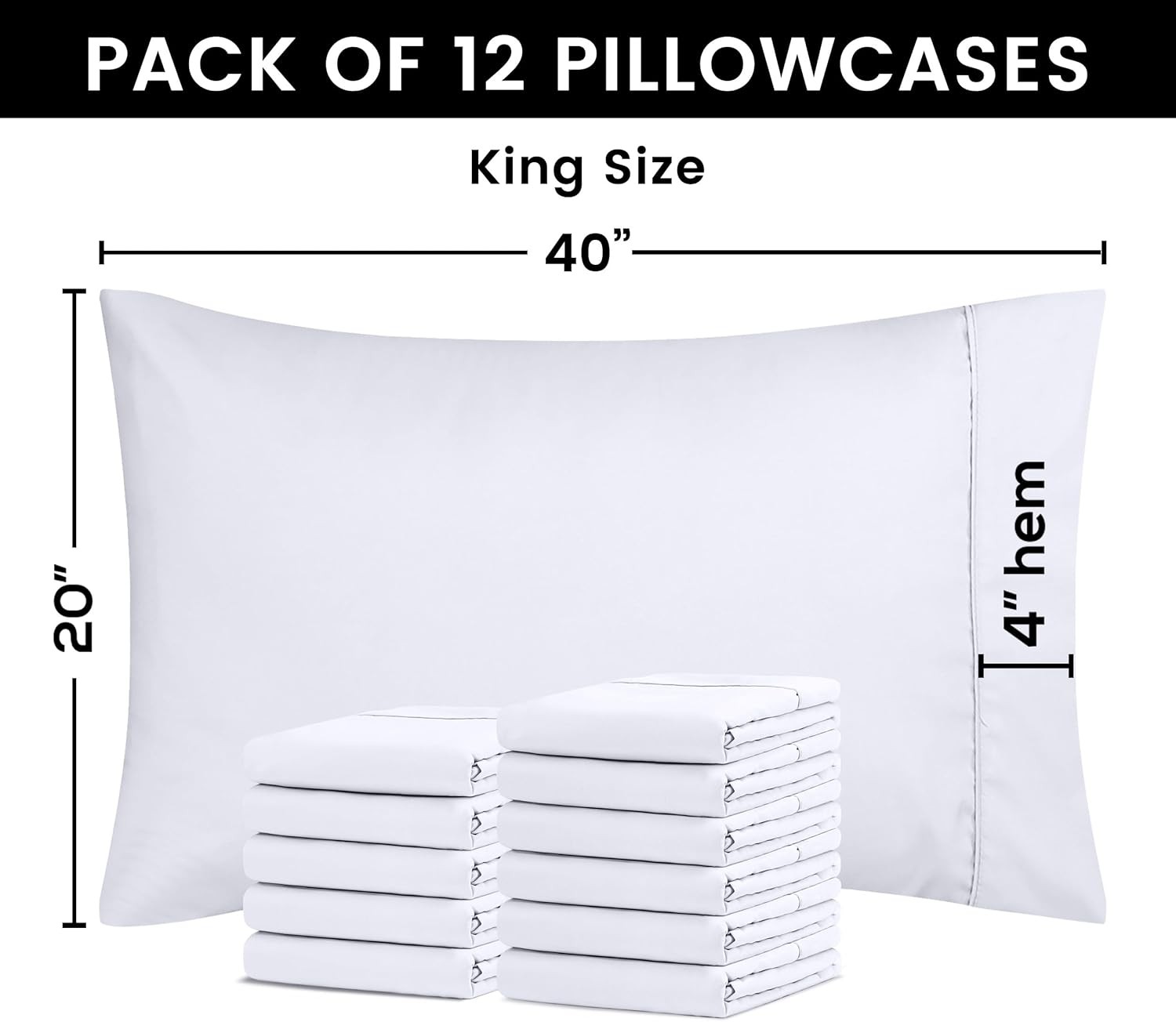 King Pillow Cases - 12 Pack - Envelope Closure - Soft Brushed