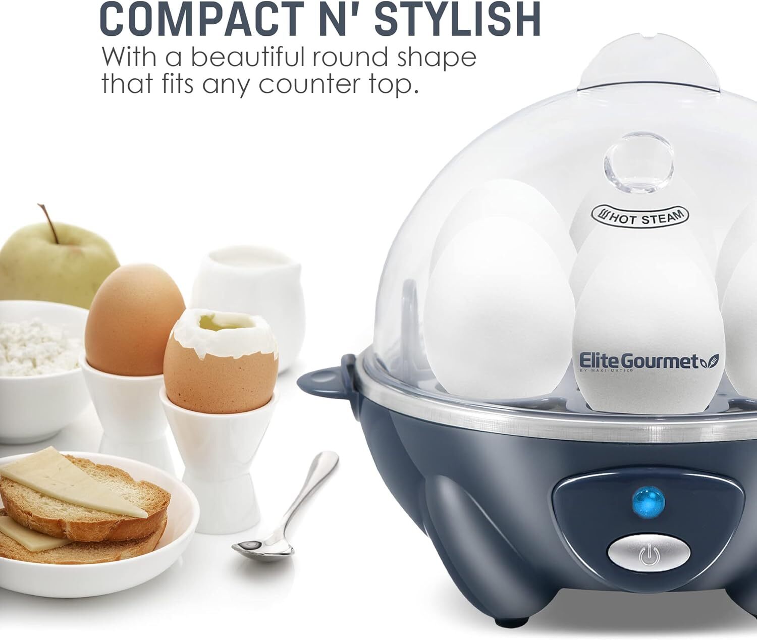 Elite Gourmet Easy Electric 7 Egg Capacity Soft, Medium, Grey Blue
