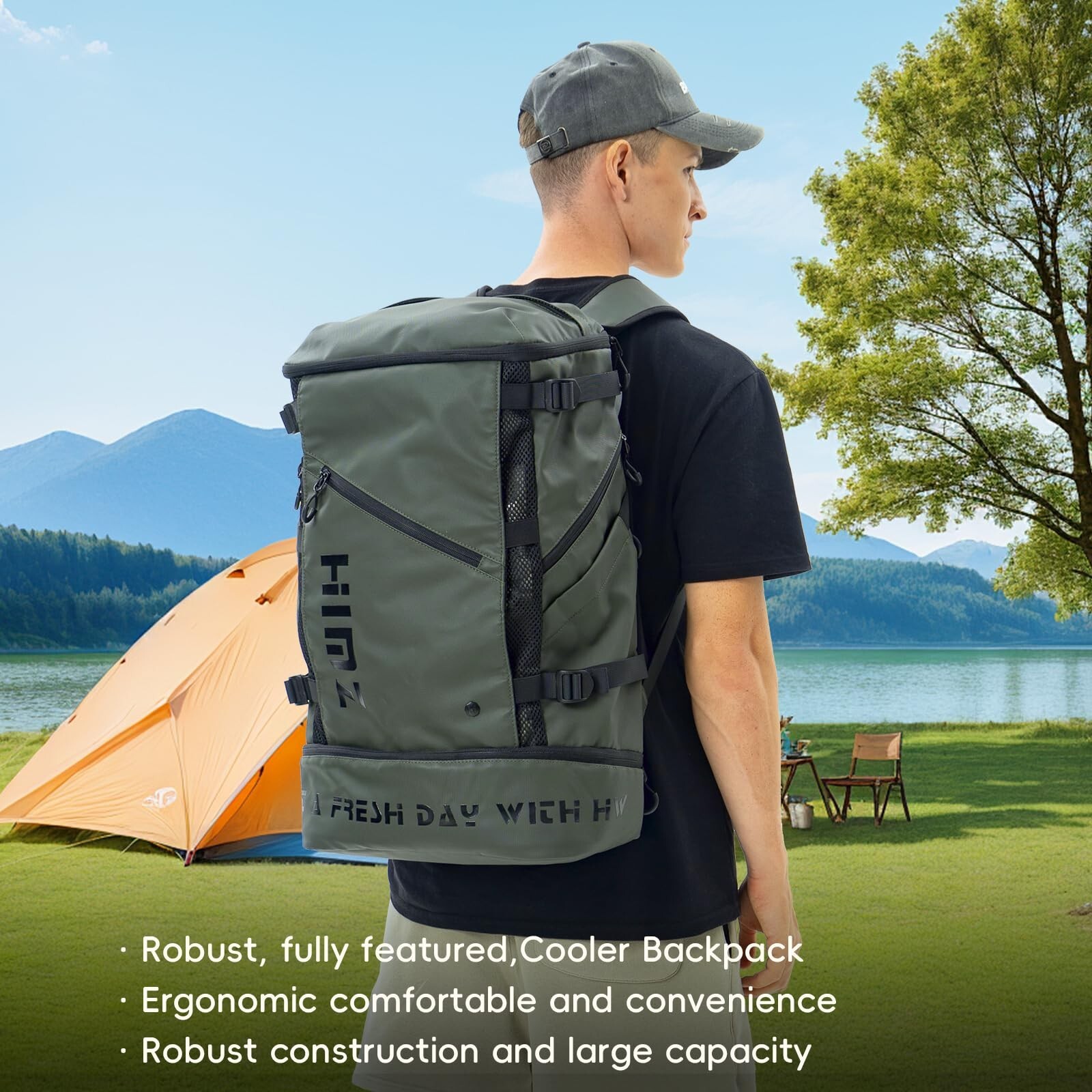 Waterproof Camping Backpack with Lunch Compartment, Mens Backpack Insulated f...