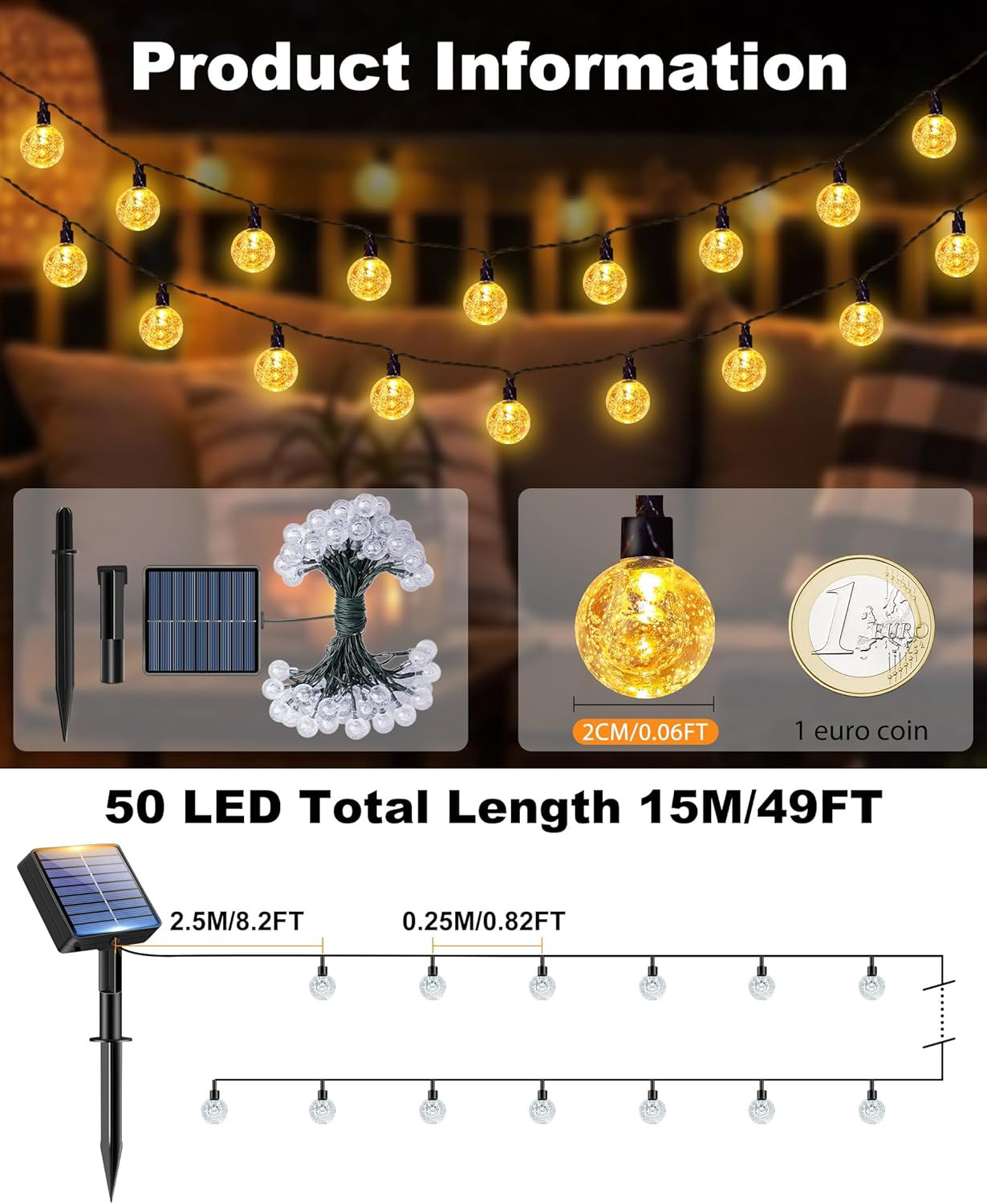 1 Pack Solar String Lights Outdoor, Total 49FT 50 LED Crystal Globe | IP65 Water