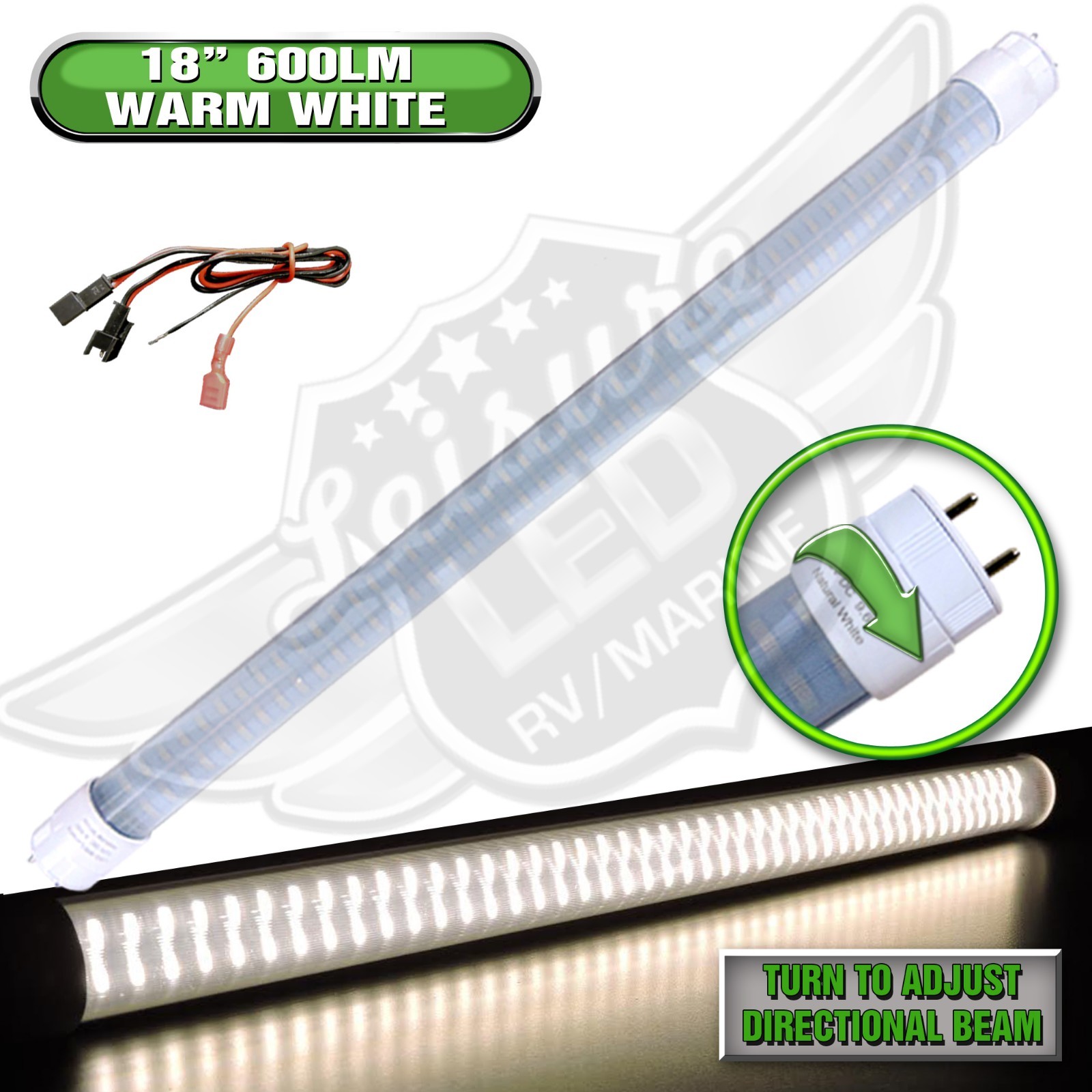 12V DC RV Marine F15T8 LED Tube Light 9W 18"(17-3/4" pin to pin) Warm W 600 lm