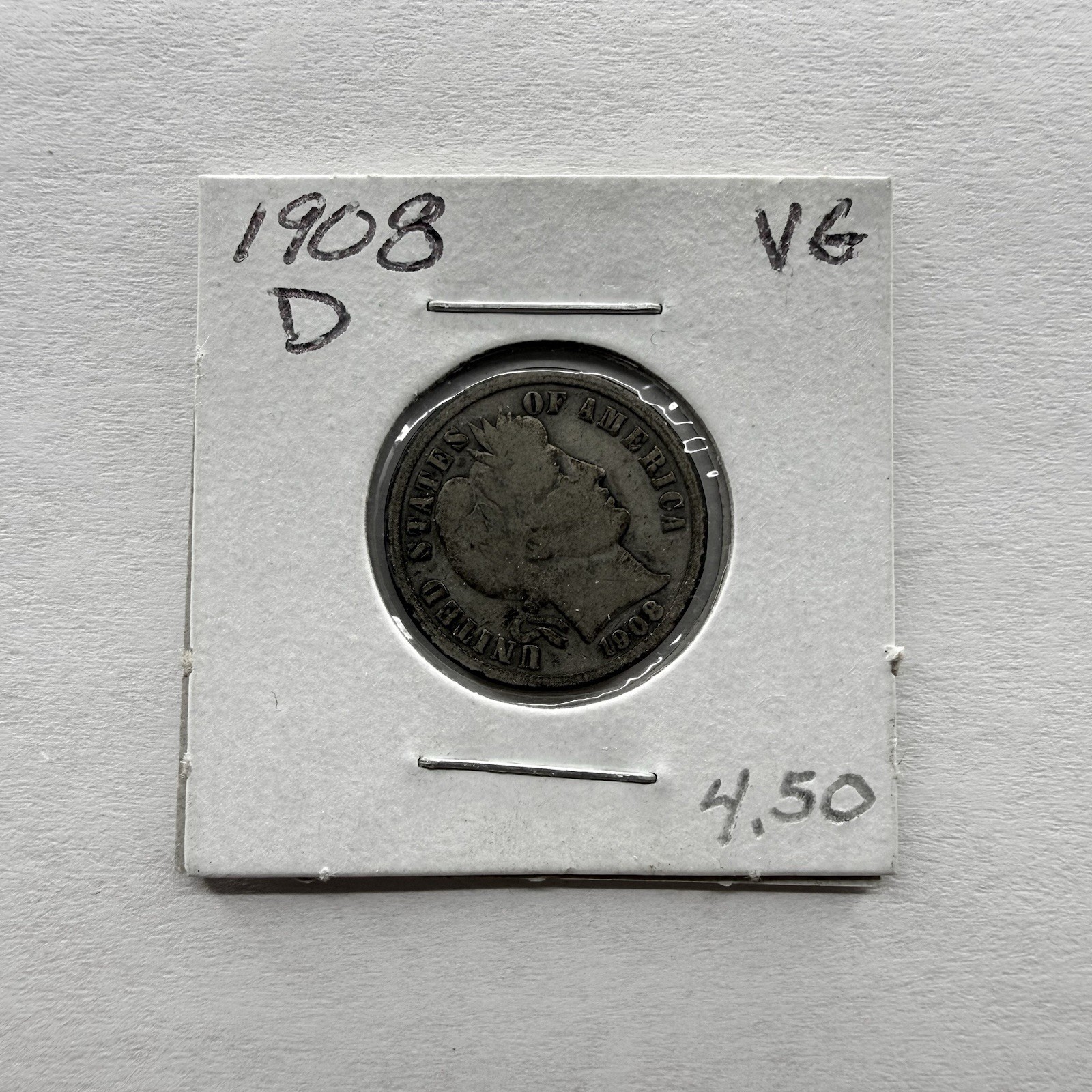 1908-D Barber Dime 10C SILVER - Very Good (VG)