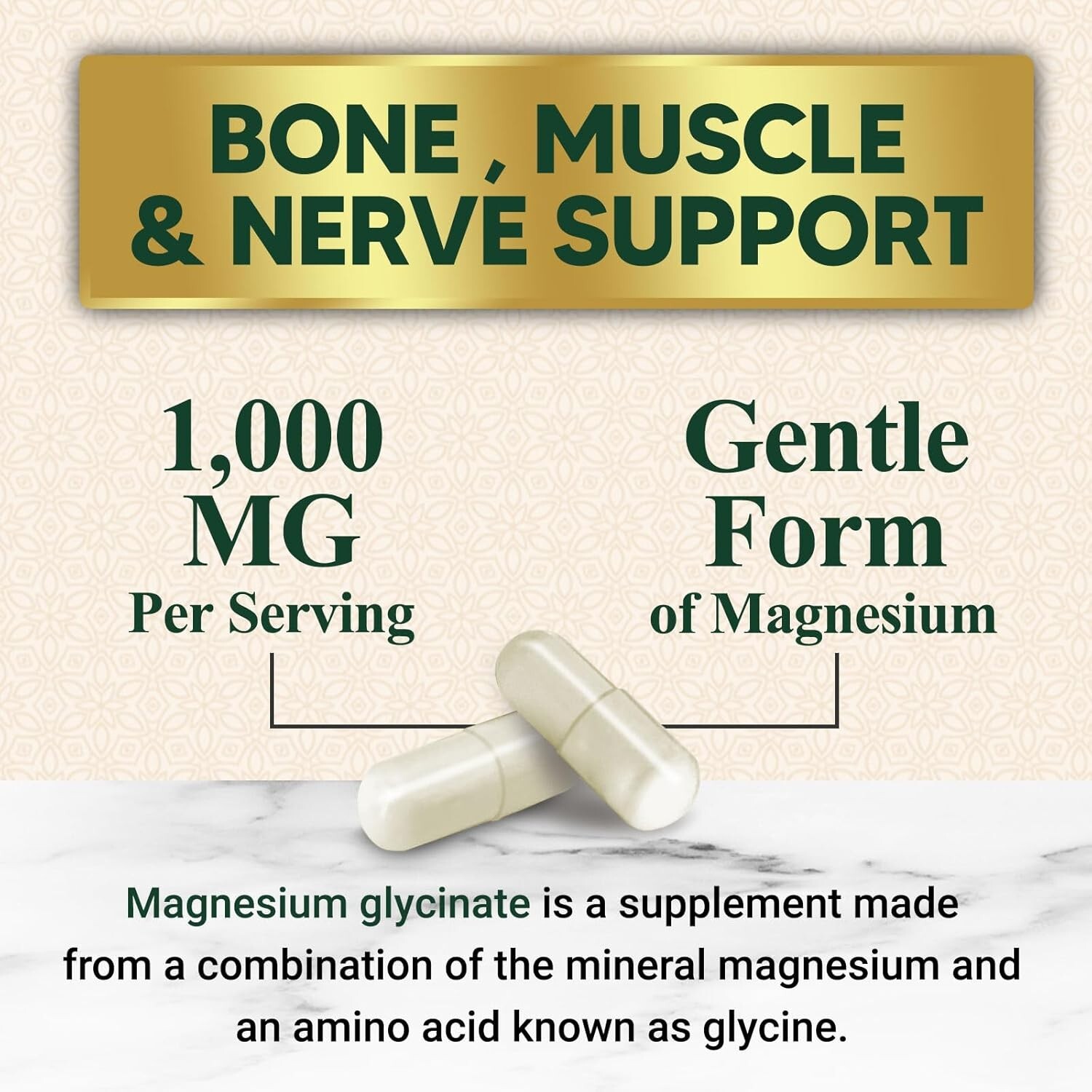 Magnesium Glycinate Supplement 1000mg - Heart, Nerves, Bone and Muscles Support
