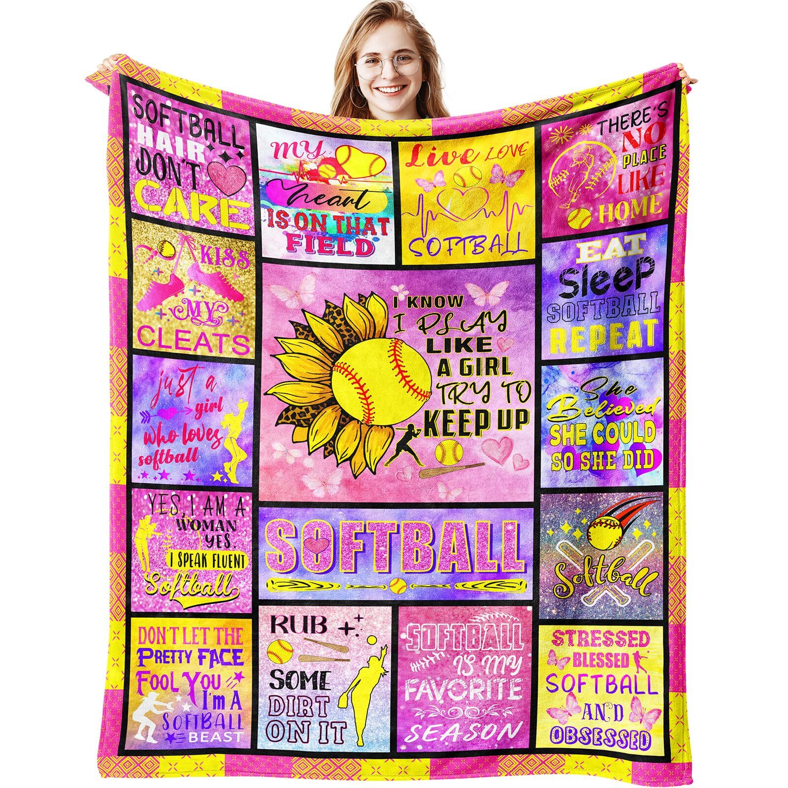 Softball Gifts for Girls Women Blanket Ultra Soft Flannel Softball Throw Blan...