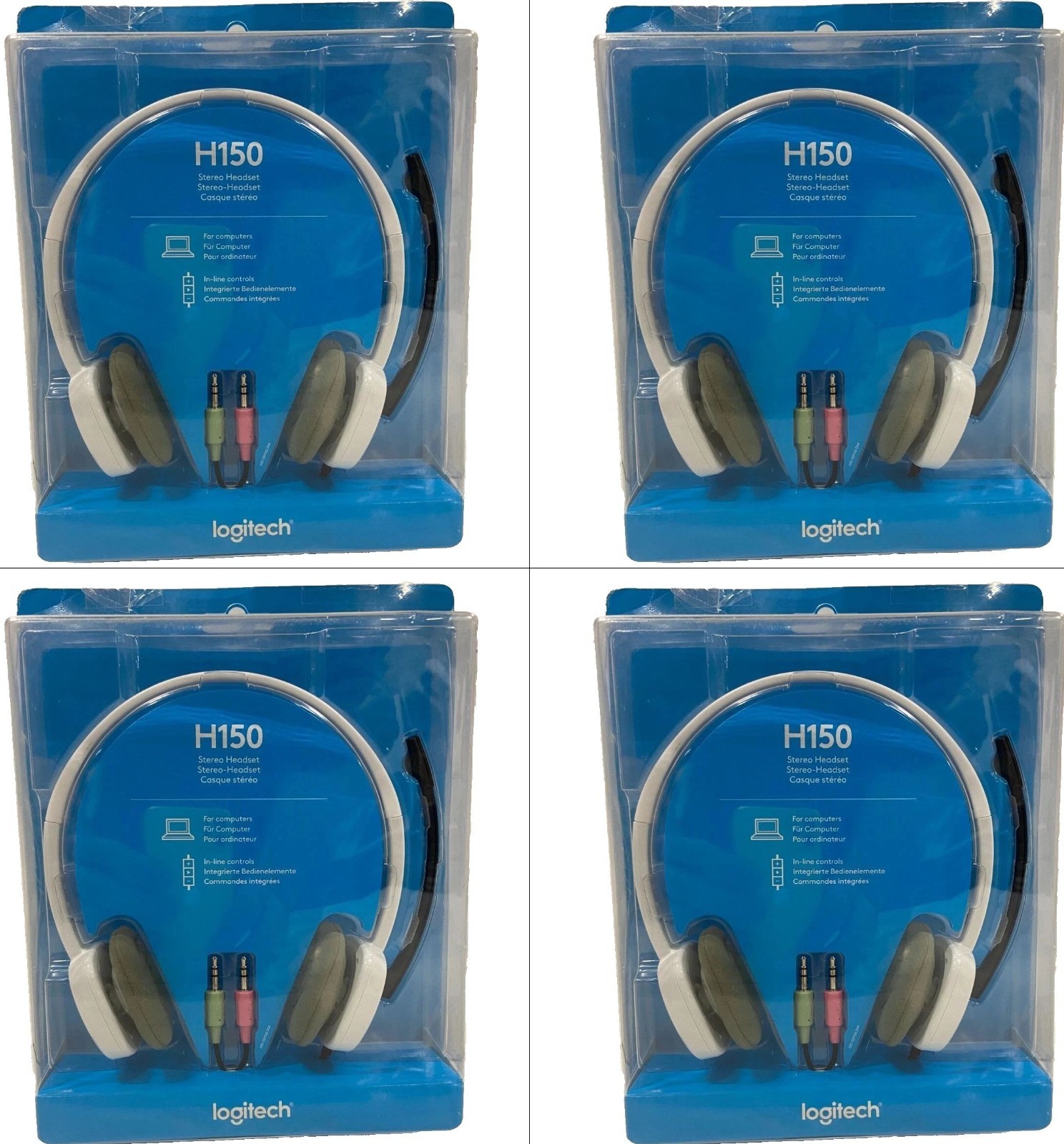 4 Logitech H150 Wired Stereo White 3.5mm Headsets rotating microphone NEW