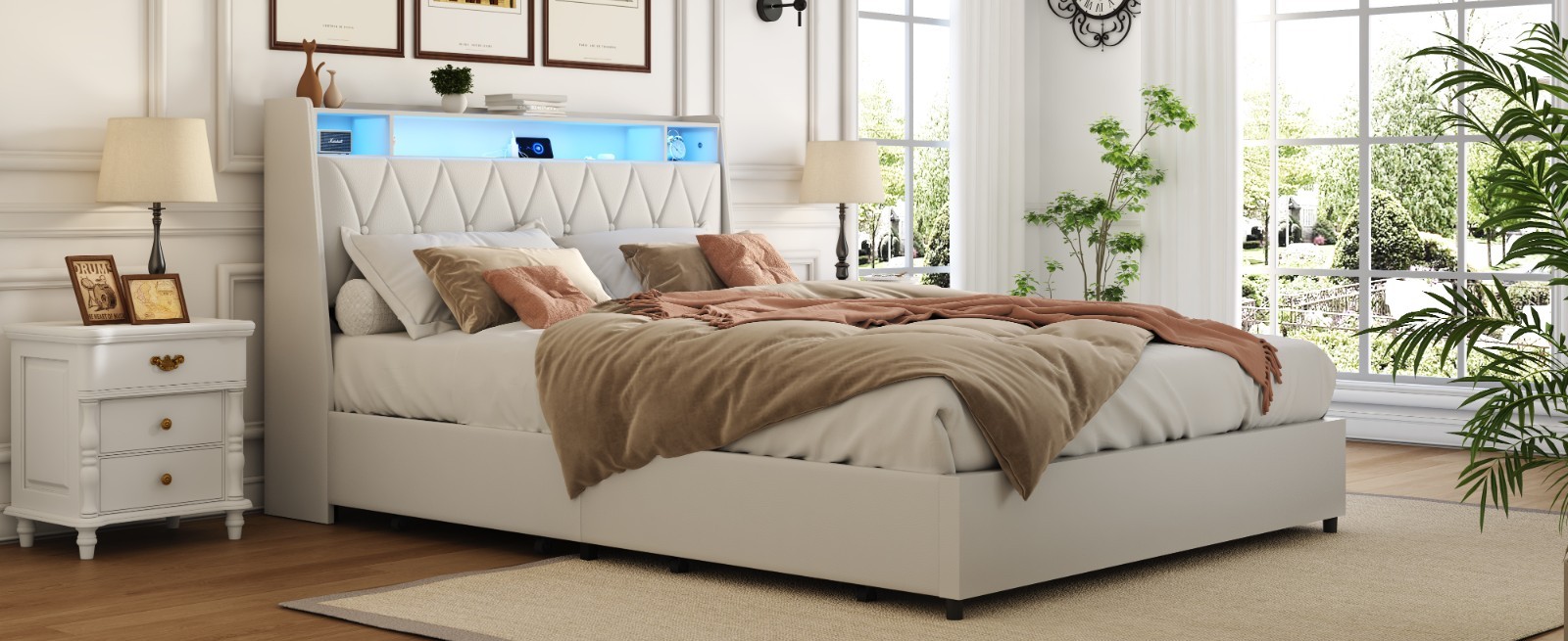 Full Bed Frame - Ergonomic Headboard, Outlets, LED, Storage (Noise-Free)