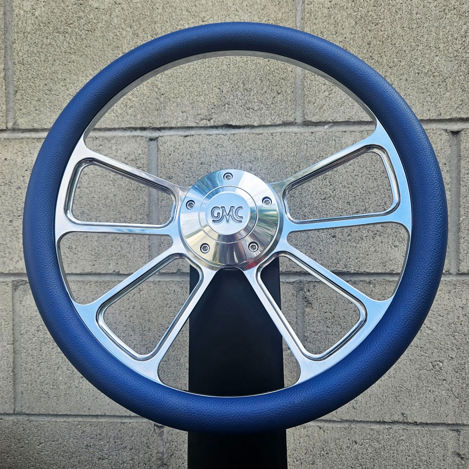 14" Billet 4 Spoke Steering Wheel w/ Blue Vinyl Wrap and Retro GMC Horn