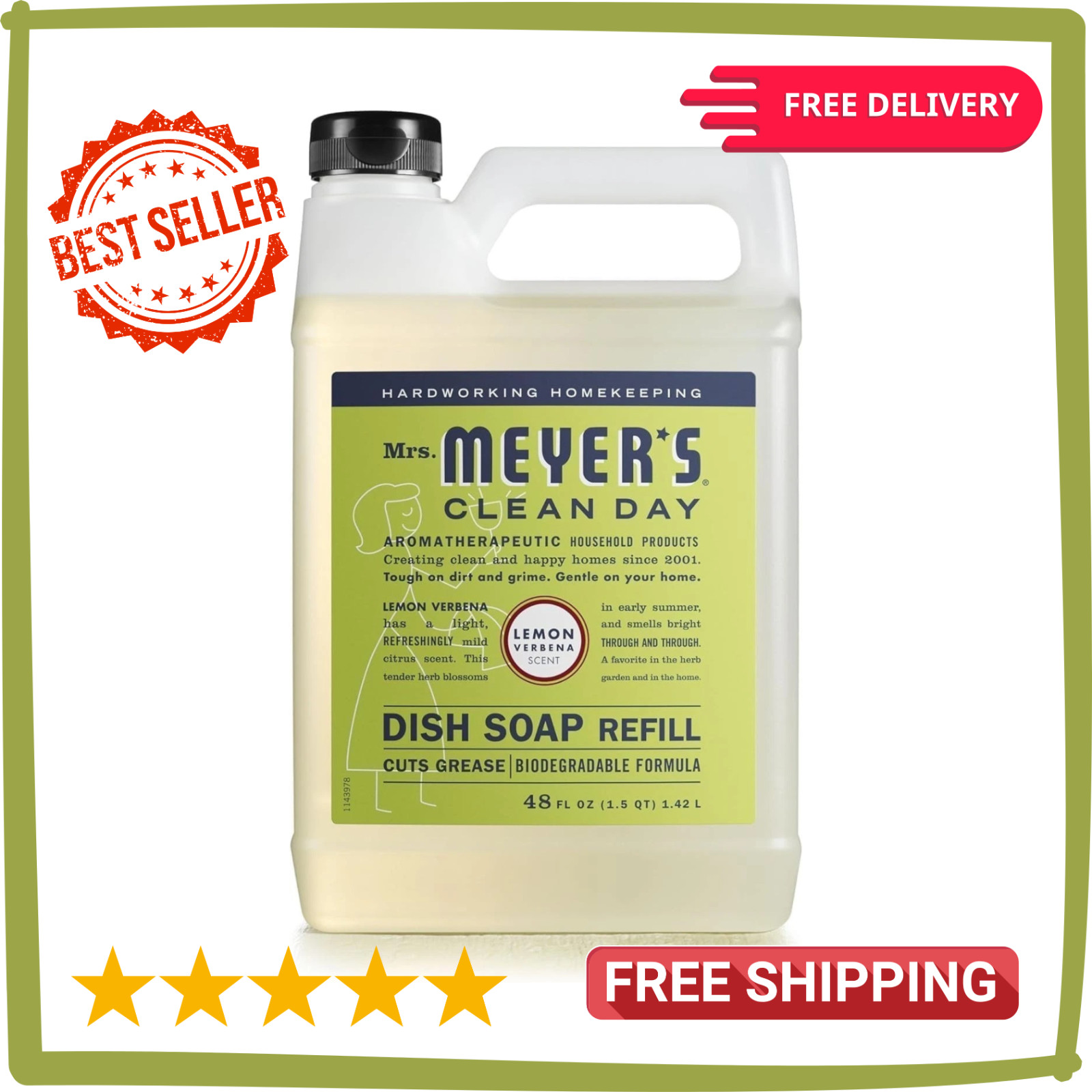 MRS. MEYER'S CLEAN DAY Liquid Dish Soap Refill, Lemon Verbena (48 Fl Oz (Pack of