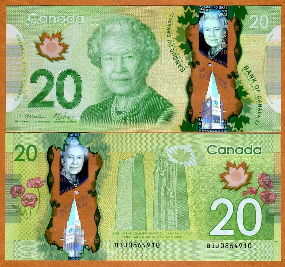 Bank of Canada, $20, 2012, Polymer, P-108, QEII, UNC