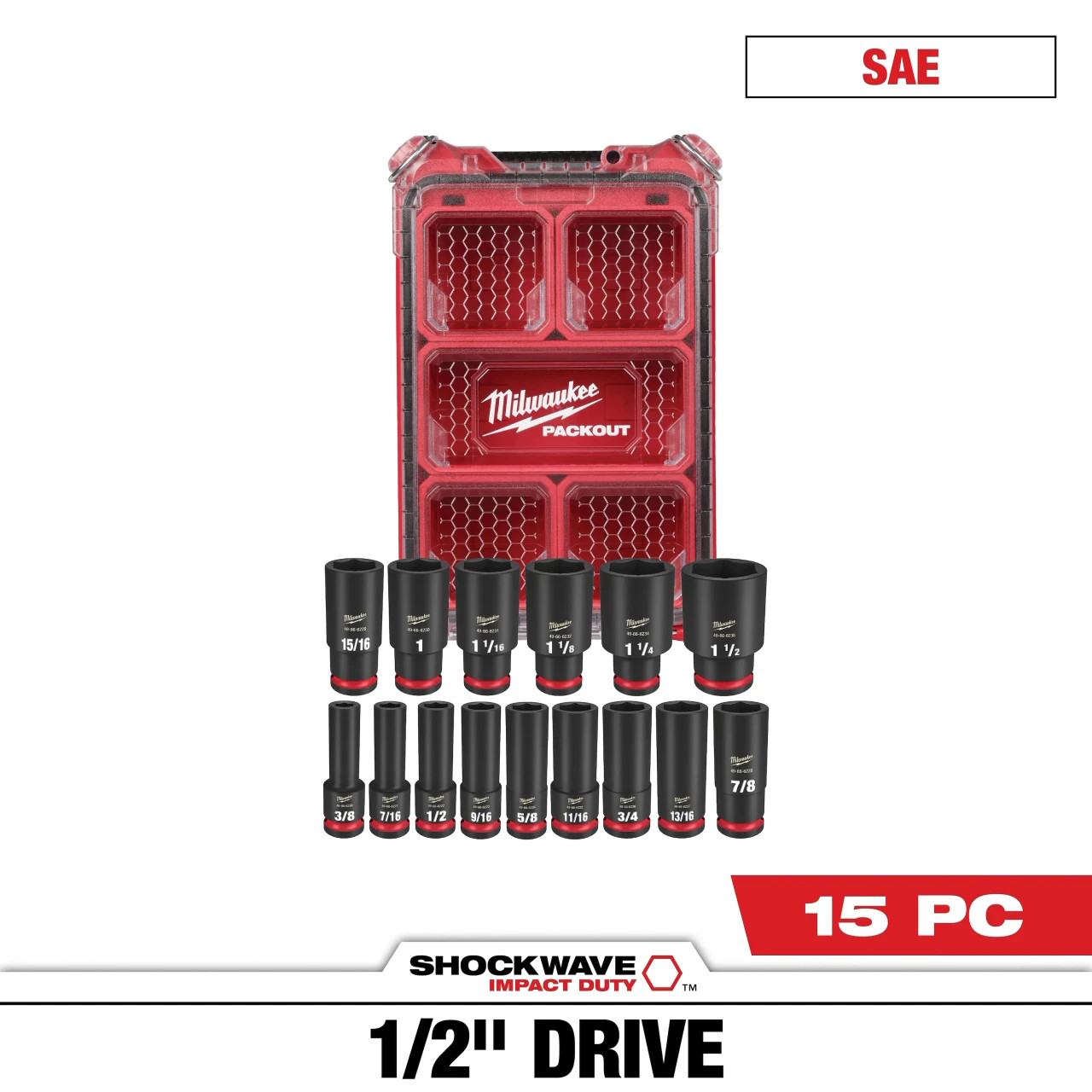 SAE PACKOUT Socket 1/2" Dr (15 Piece)