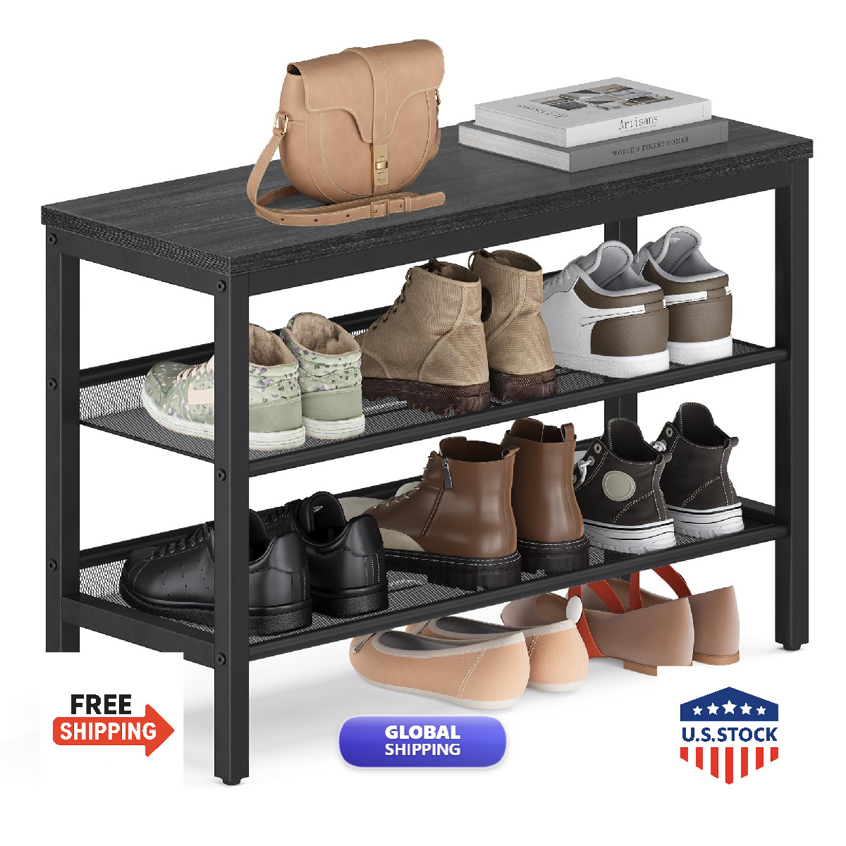 Vasagle 3 Tier Shoe Rack Bench One Piece Shelves Shoe Storage Organizer Raised