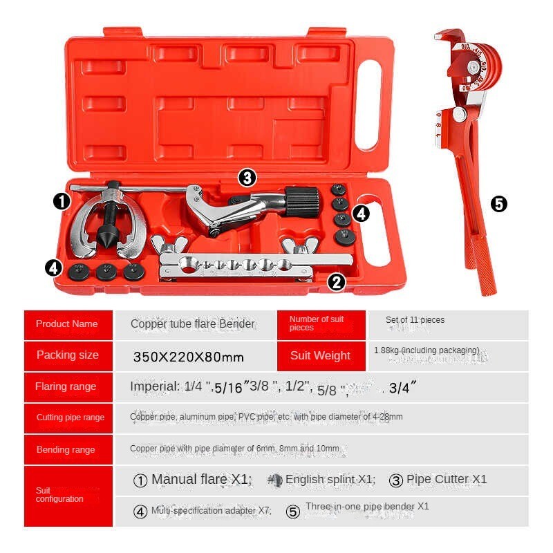 11-Piece Copper Tube Flare Flapper Expander Set Hand Bending Tool Repair Kit