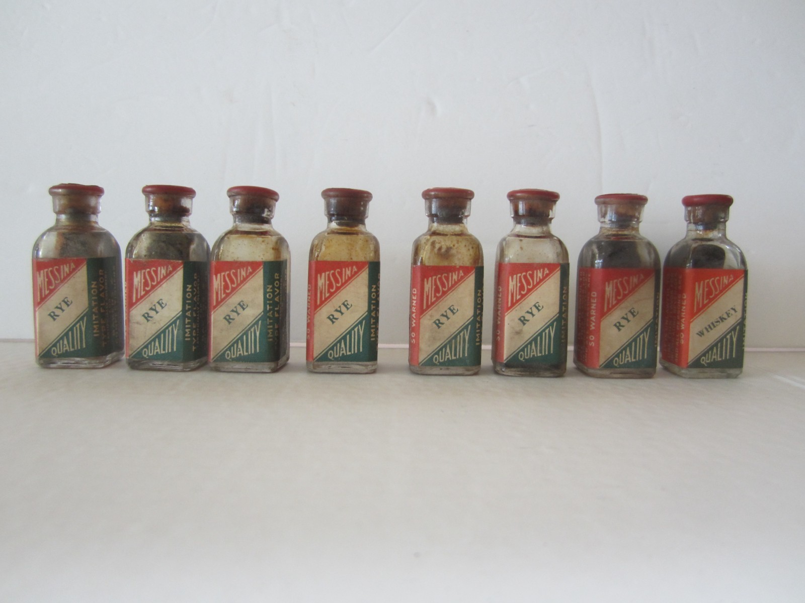 8 Messina Prohibition Skirting Bottles Seneca Falls NY 1 Oz Rye Whiskey 1920's
