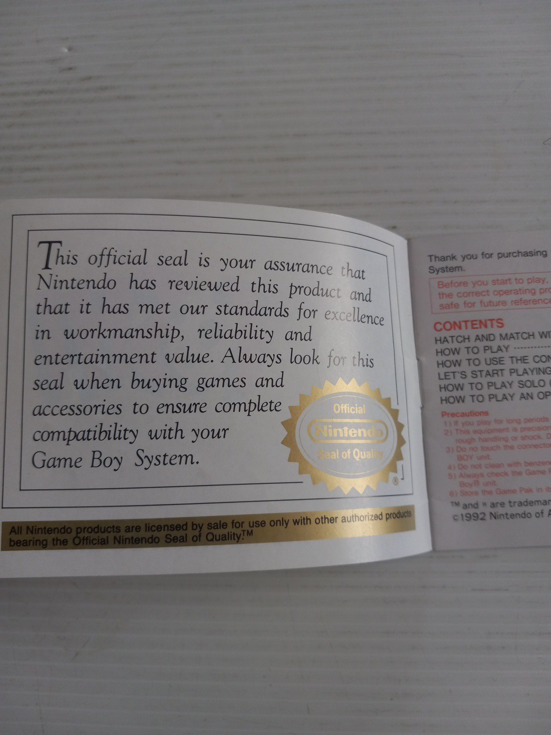Game Boy Yoshi Instruction Booklet