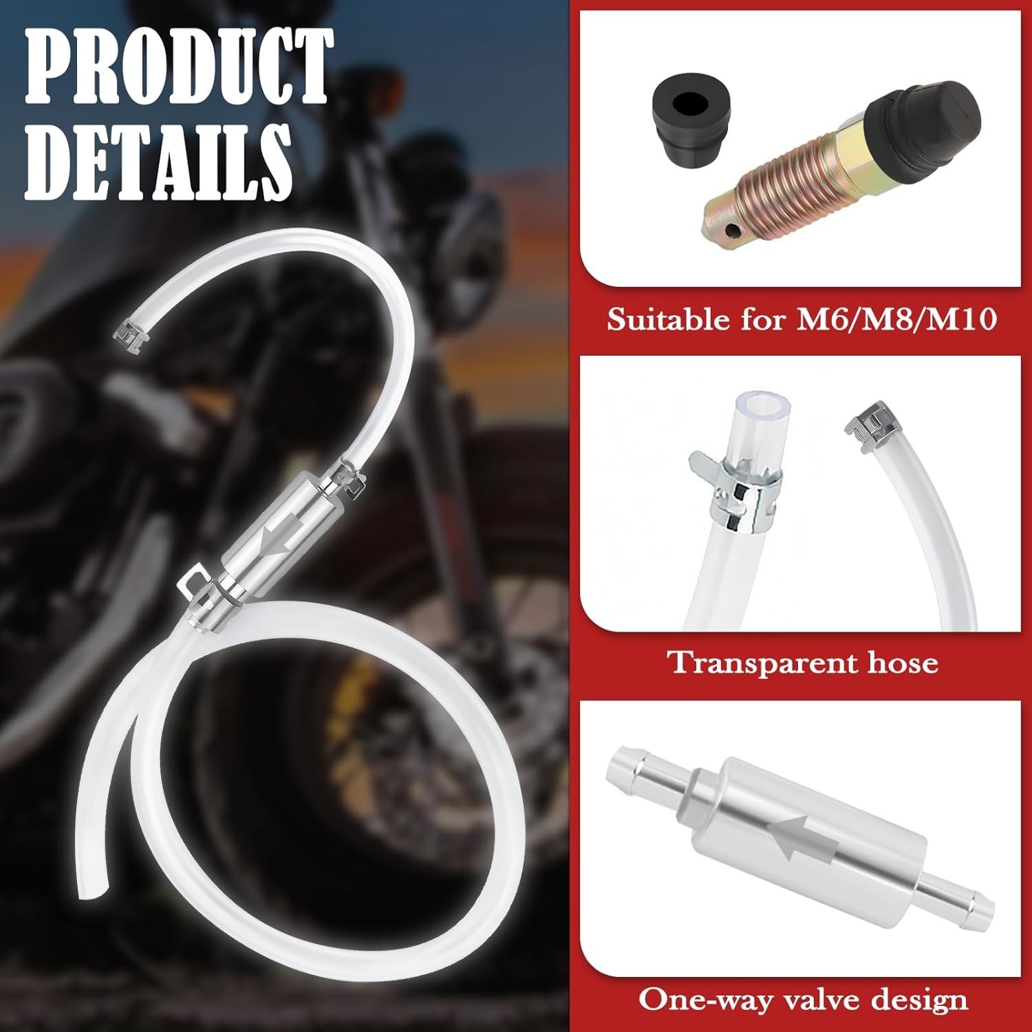 Motorcycle Brake Fluid Bleeder Kit with Check Valve Clamps Hydraulic Maintena...