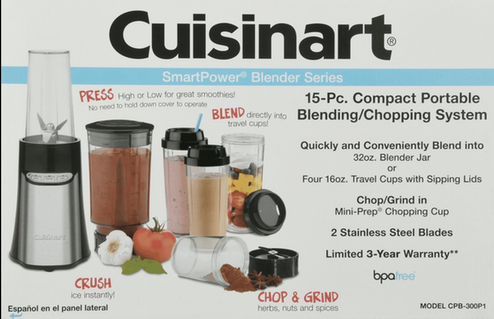 Cuisinart SmartPower 15Pc Compact Blender Portable CPB-300P1 New