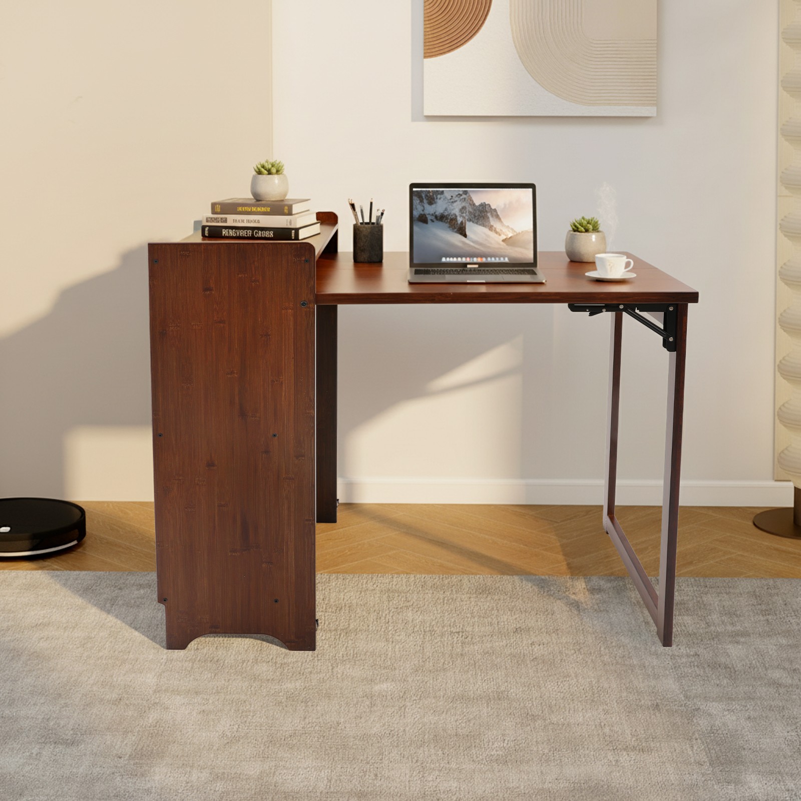 Folding Desk with Storage Shelves,Bookcase with Drop Down Table for Study Office
