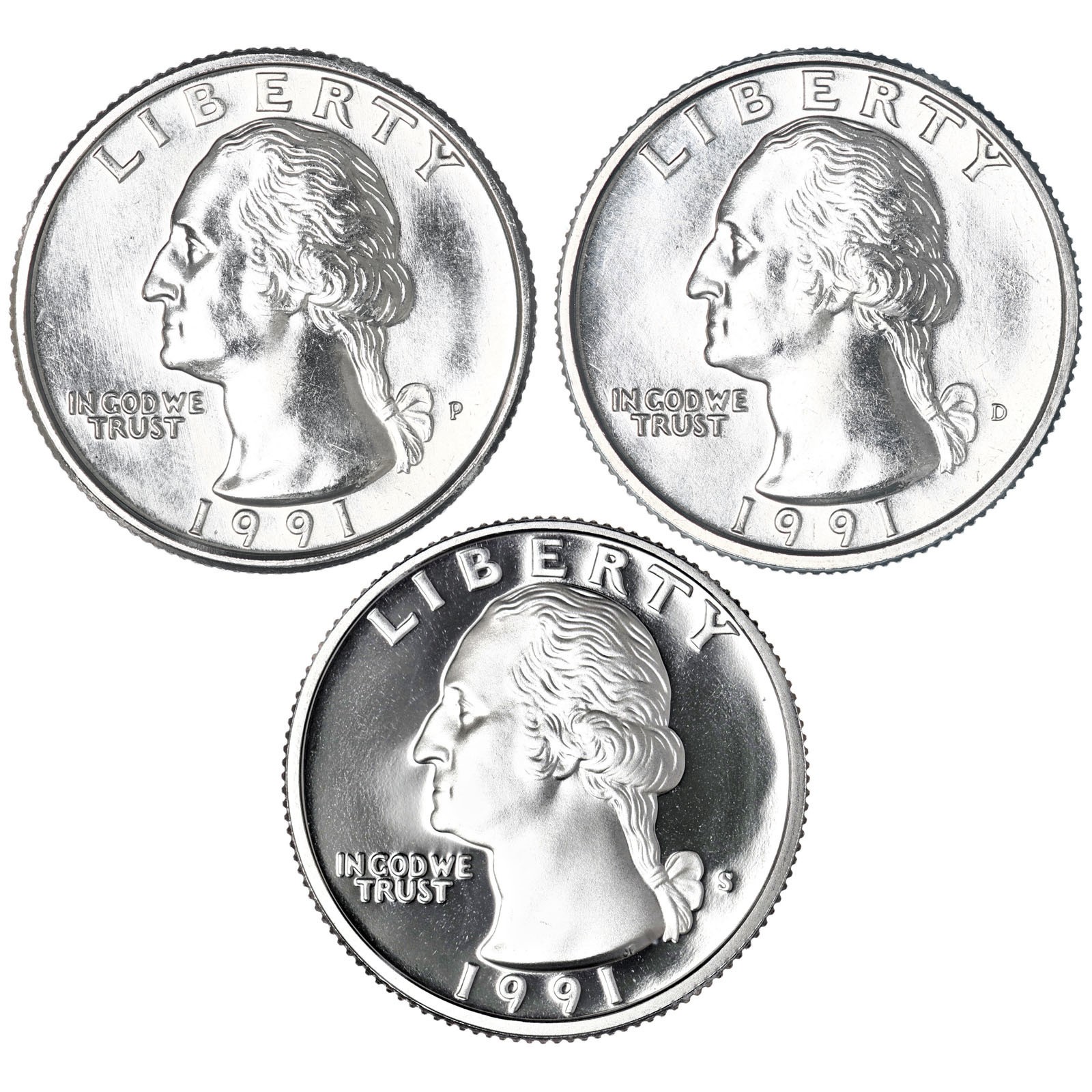 1991 P D S Washington Quarters CN-Clad BU & Gem Proof 3 Coin Year Set