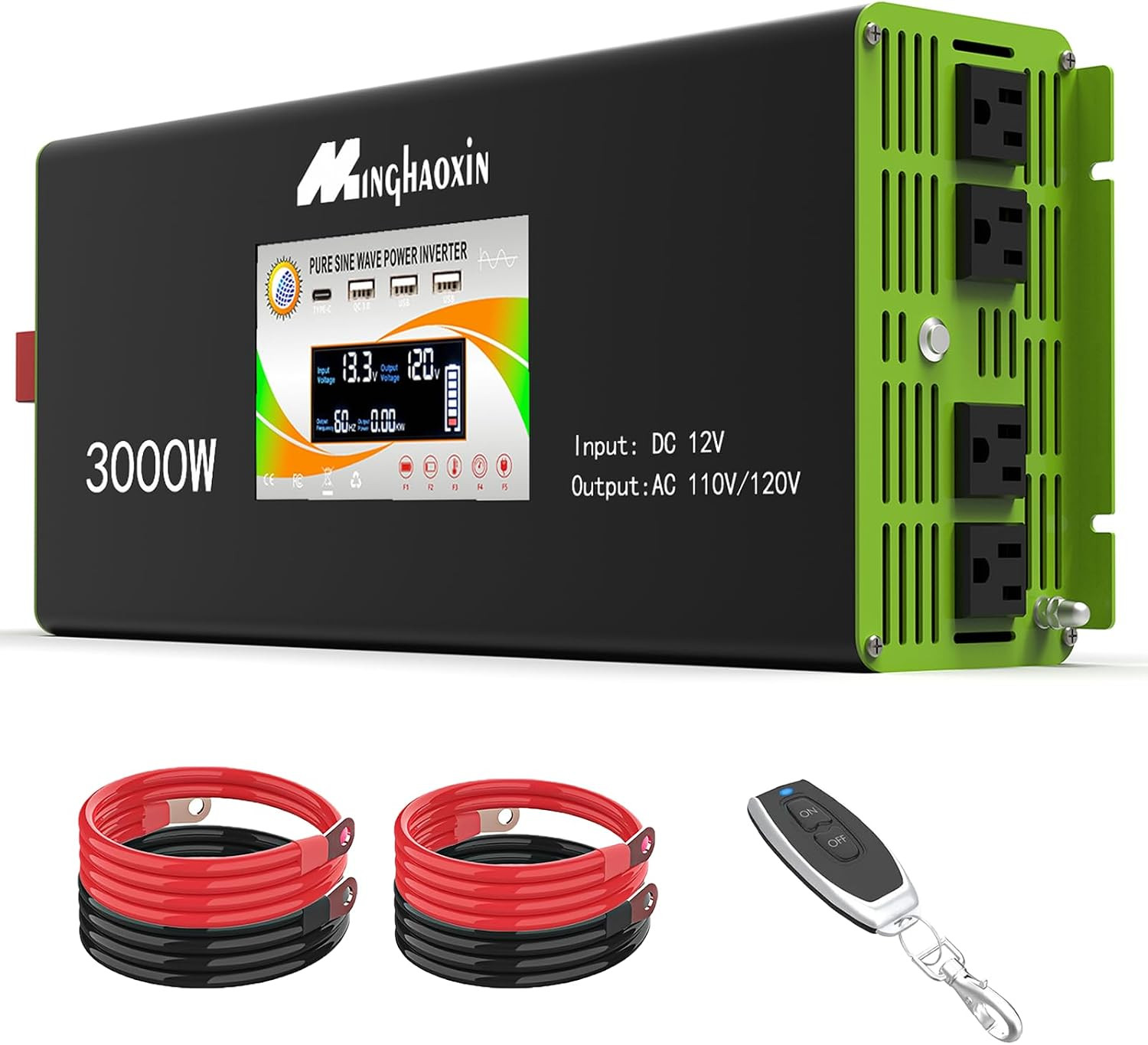 3000W Pure Sine Wave Inverter 12V to 120V Power Inverter | with 4 AC Outlets, LC