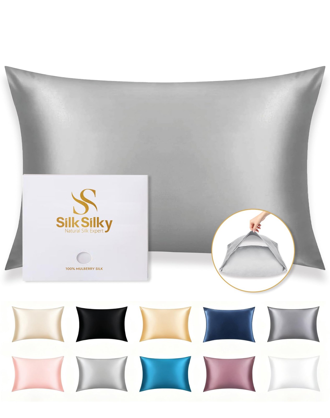 SilkSilky Mulberry Silk Pillowcase 22 Momme Standard Silver Envelope Closure