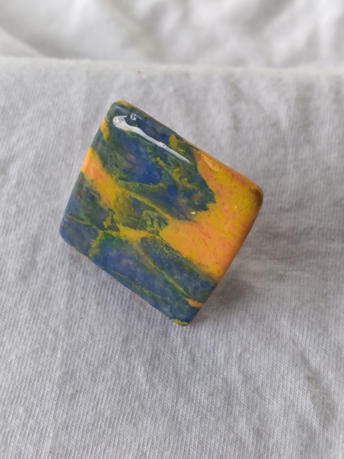 Handcrafted Silver Adjustable Polymer Clay Ring Square Blue Yellow Marbled