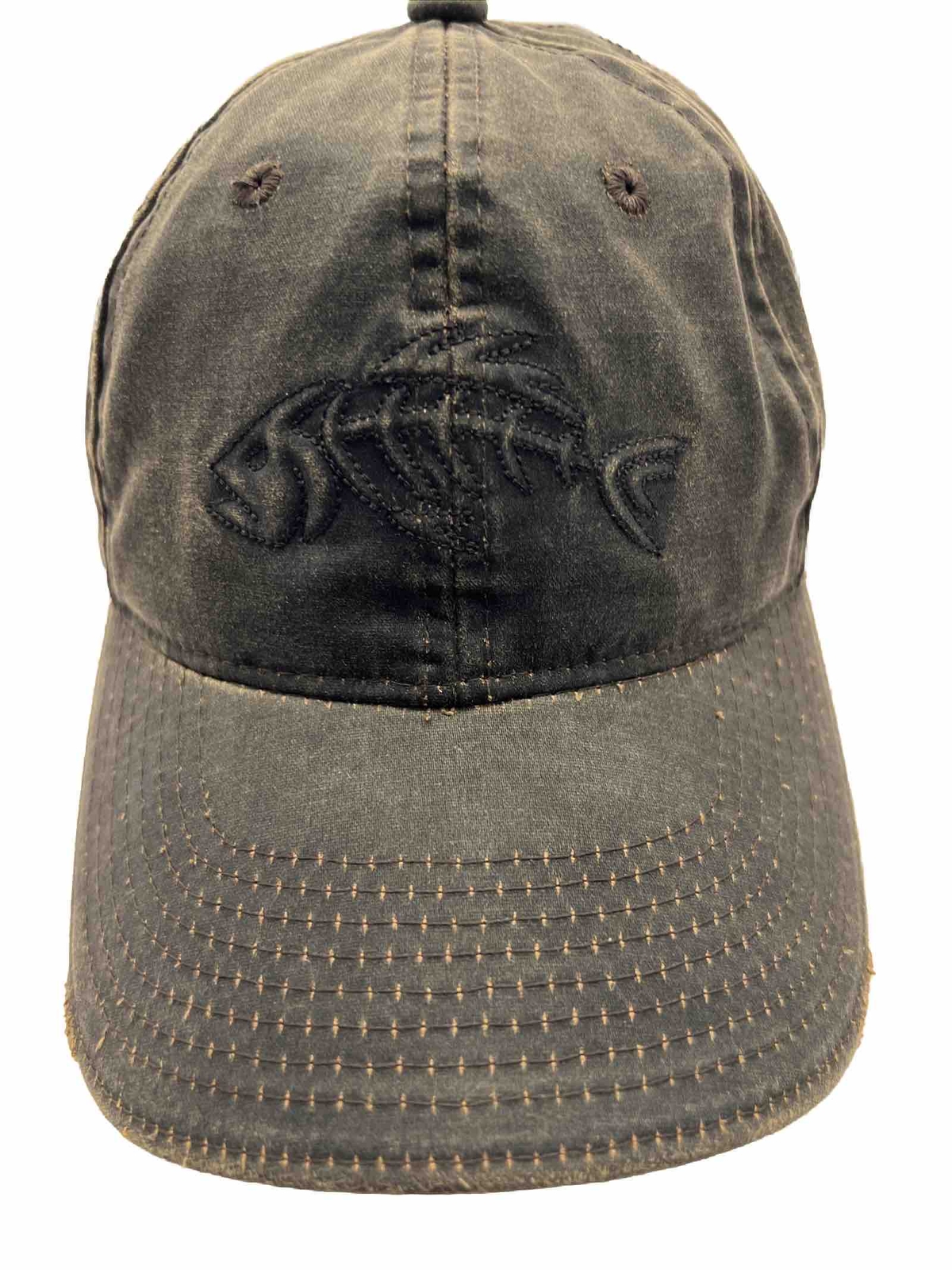 Bonefish on Front of Distressed Leather Look Hat Cap Awesome Patina Hook Loop