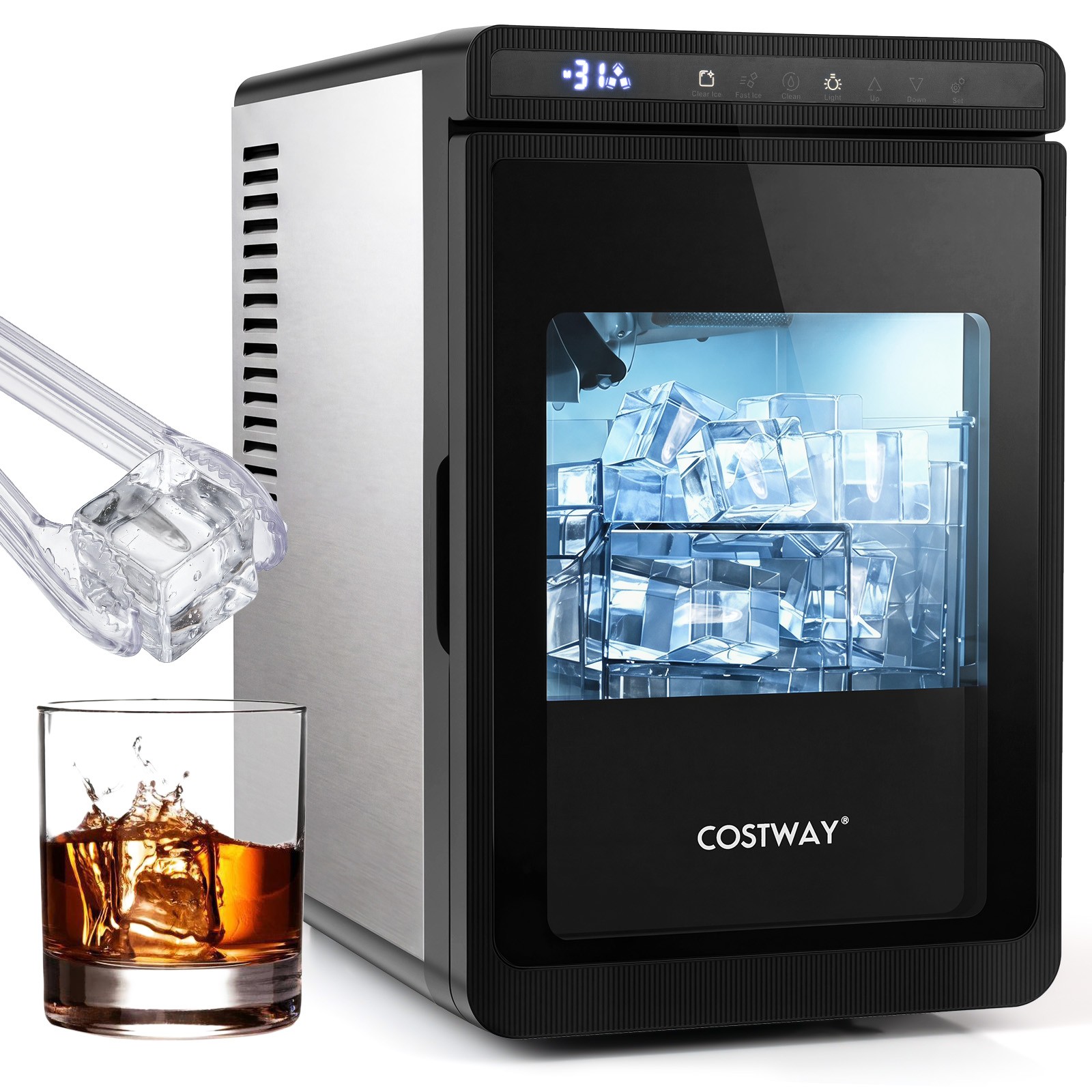 Clear Ice Cube Maker Countertop, 1.6” Large Square Ice Cubes, 3 Pcs in 20 Mins
