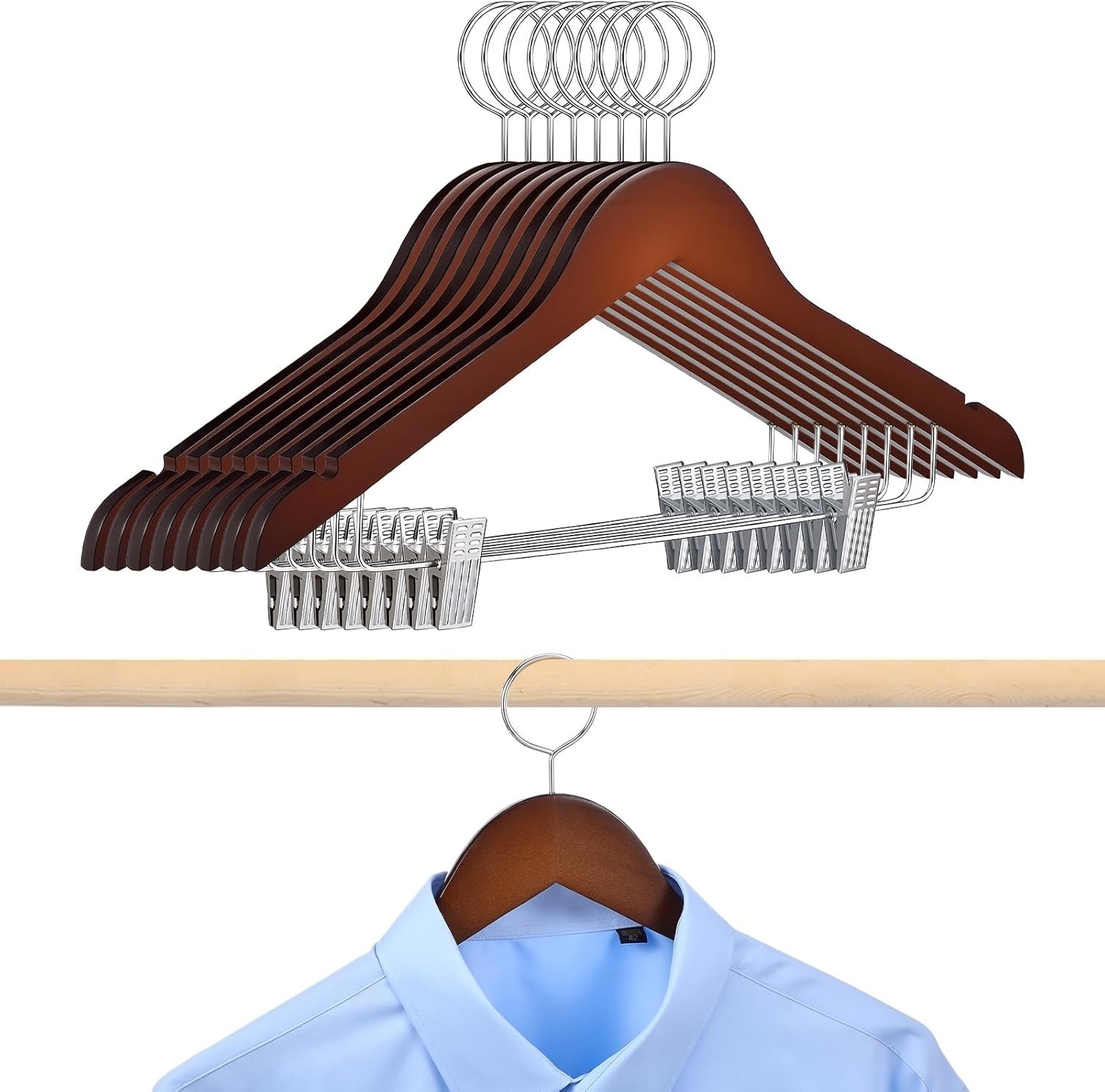 8 Pack Wooden Security Hangers W/ Clips 16.3" Hotel Suit Hangers W/ Anti Theft