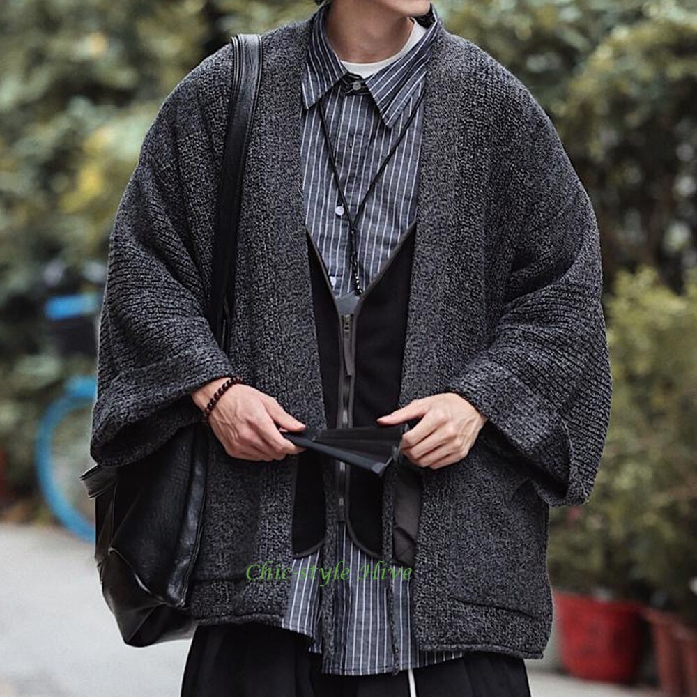 Unisex Japanese Knit Noragi Kimono Sweater Loose Cardigan Japandi Style Kimono