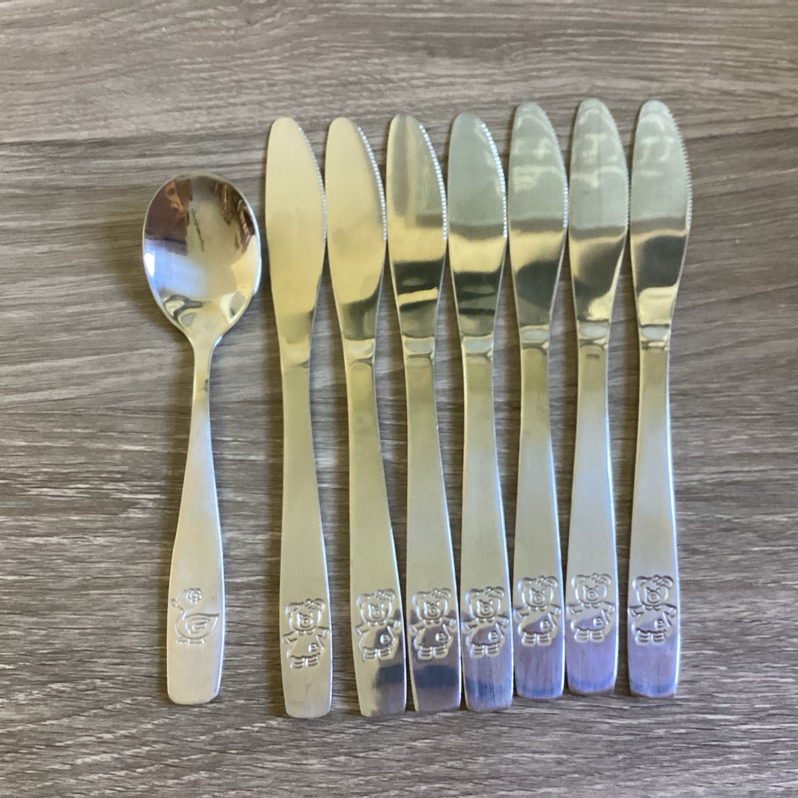 Kiddie Kutlery Lot Of 8 Stainless Steel Bear Dinner Knife Spoon Child Flatware