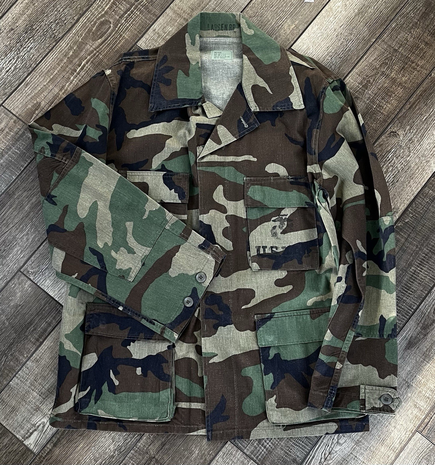 Vintage USMC Uniform Military Woodland Camo Field Jacket Blouse Top Coat L
