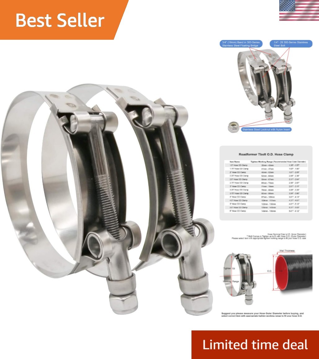Stainless Steel T-Bolt Hose Clamp Set for 6" Hose - 2 Pack of 148mm - 155mm
