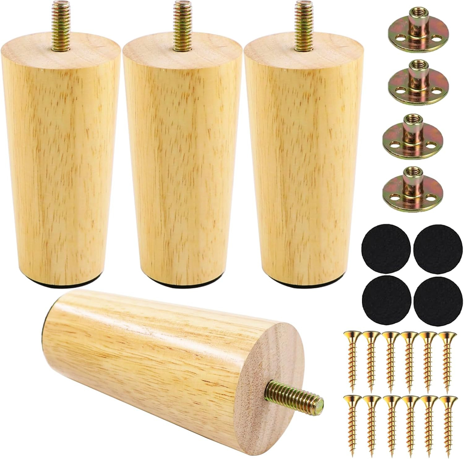 4" Solid Wood Furniture Leg Set Of 4 With Threaded Bolt For Sofa Couch & Cabinet