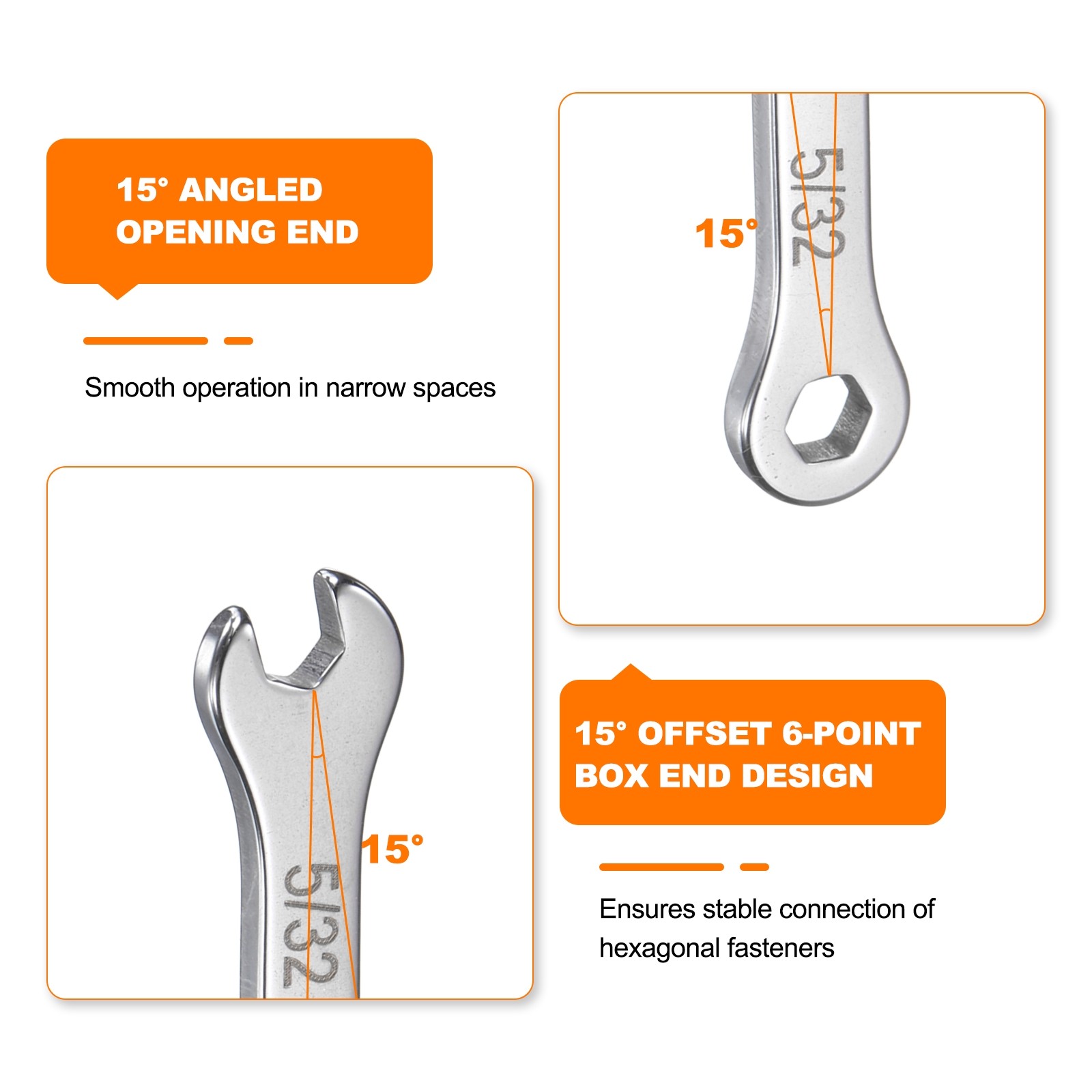 2pcs Thin Combination Wrench 5/32" with 12-Point Ended 15°Angled Open End