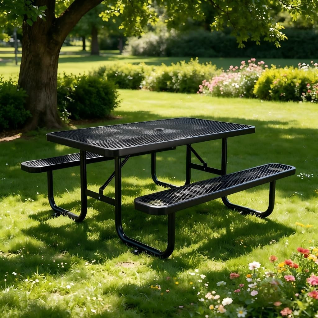 72" Heavy-Duty Metal Picnic Table with Benches, Commercial Outdoor Steel Table w