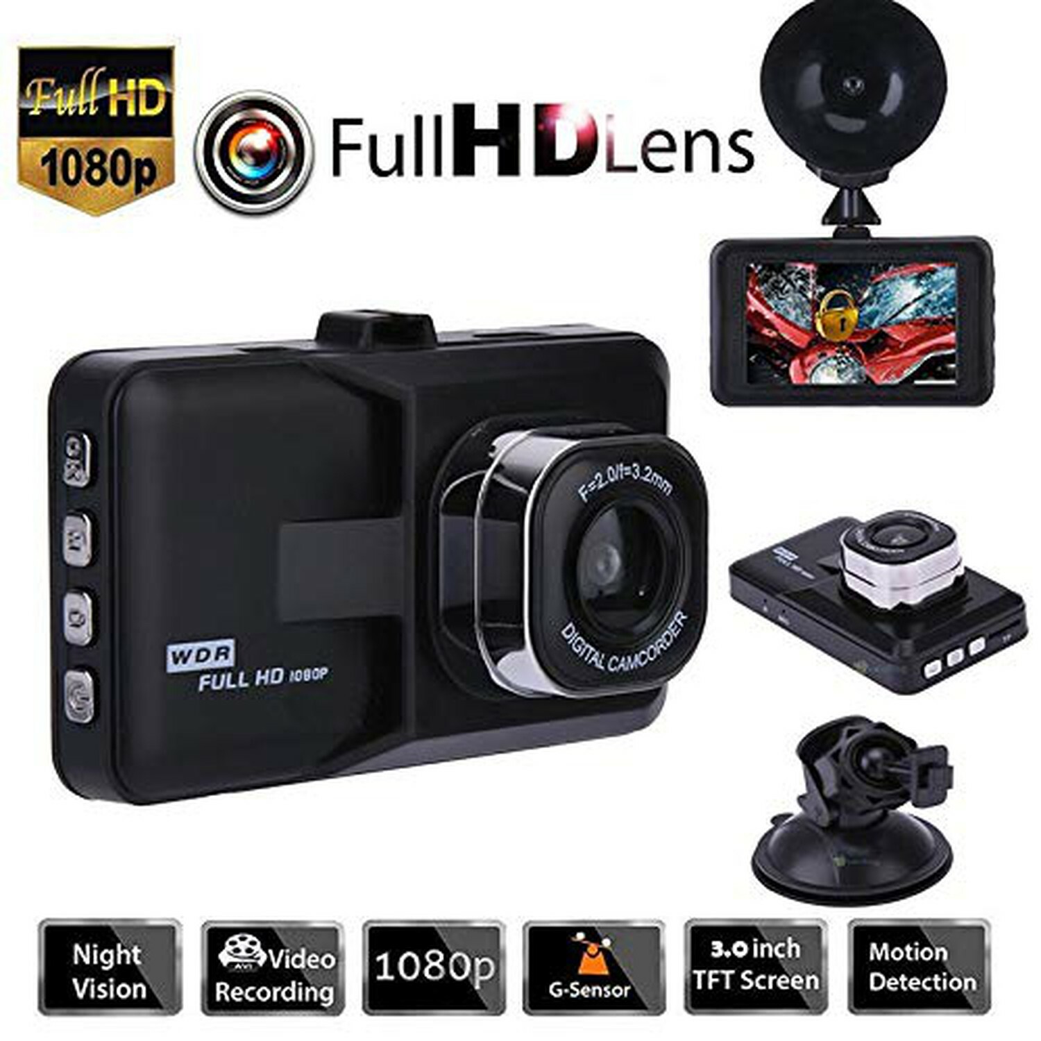 3.0" Vehicle 1080P Car DVR Dashboard 32GB DVR Camera Video Recorder Memory Ca...