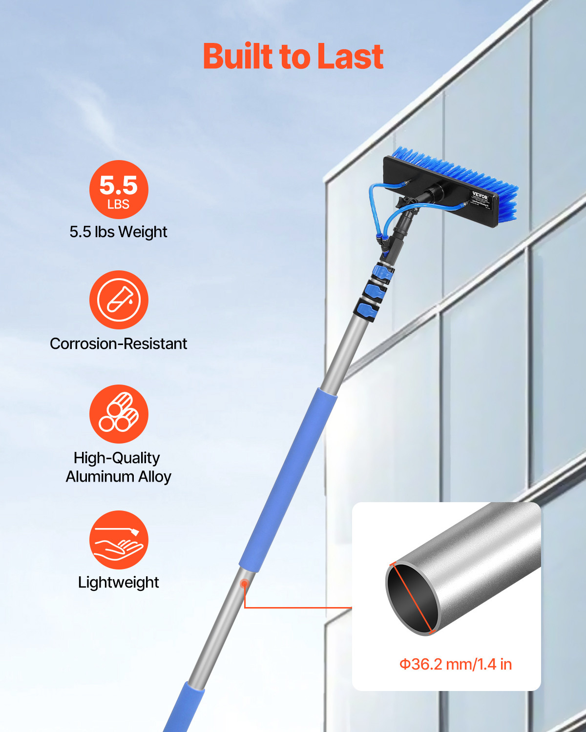 Water Fed Pole Kit 12FT Solar Panel Cleaning Pole 180° Rotatable Brush Head