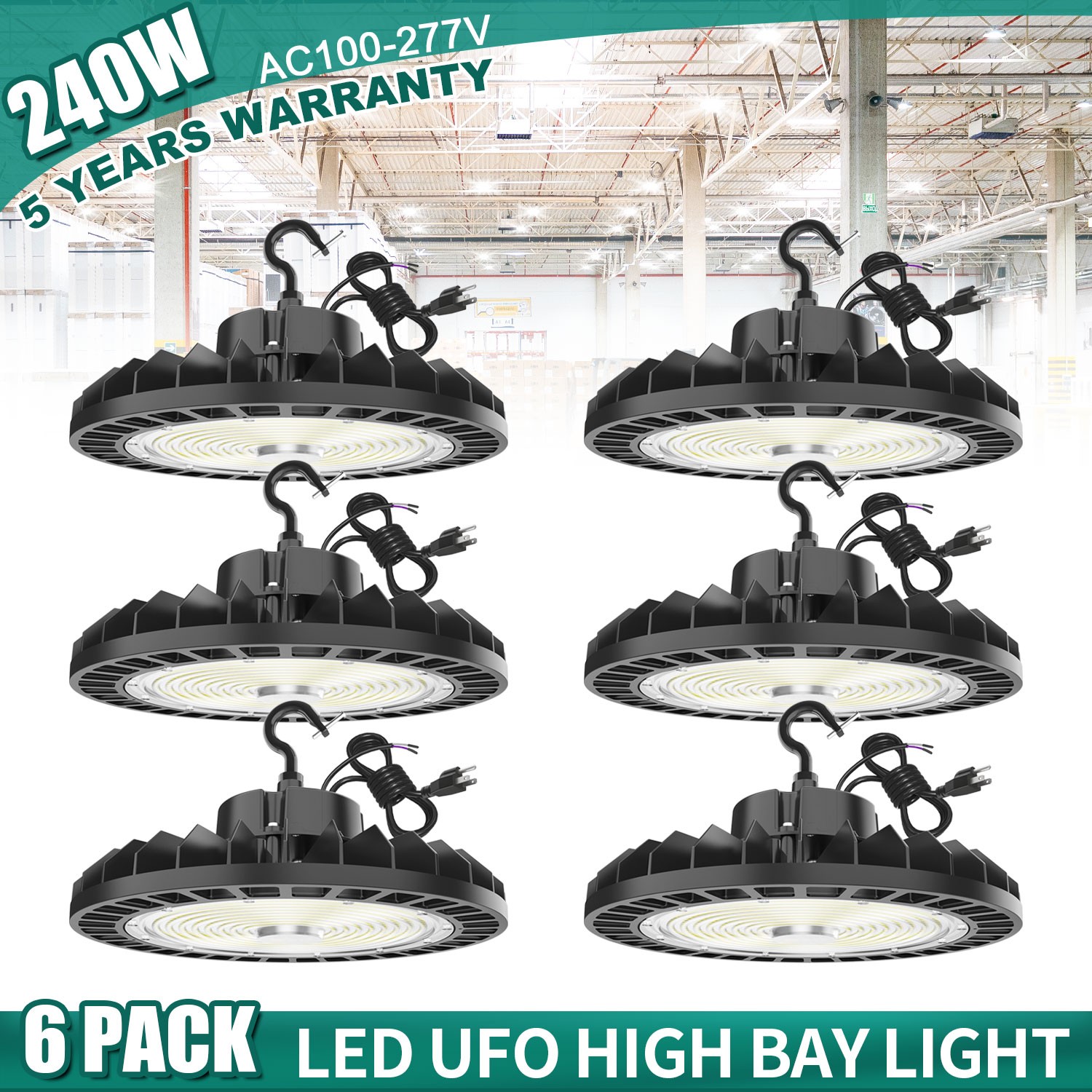 6X 240W UFO Led High Bay Light Dimmable Commercial Warehouse Shop Lighting 5000K