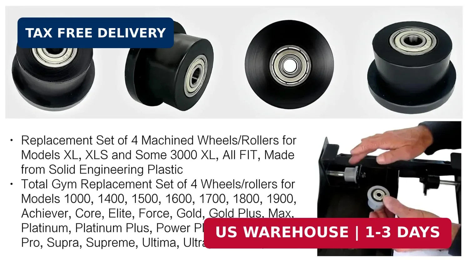 4-Pack Universal Gym Machine Roller Wheels - Heavy-Duty Black Plastic Rollers fo